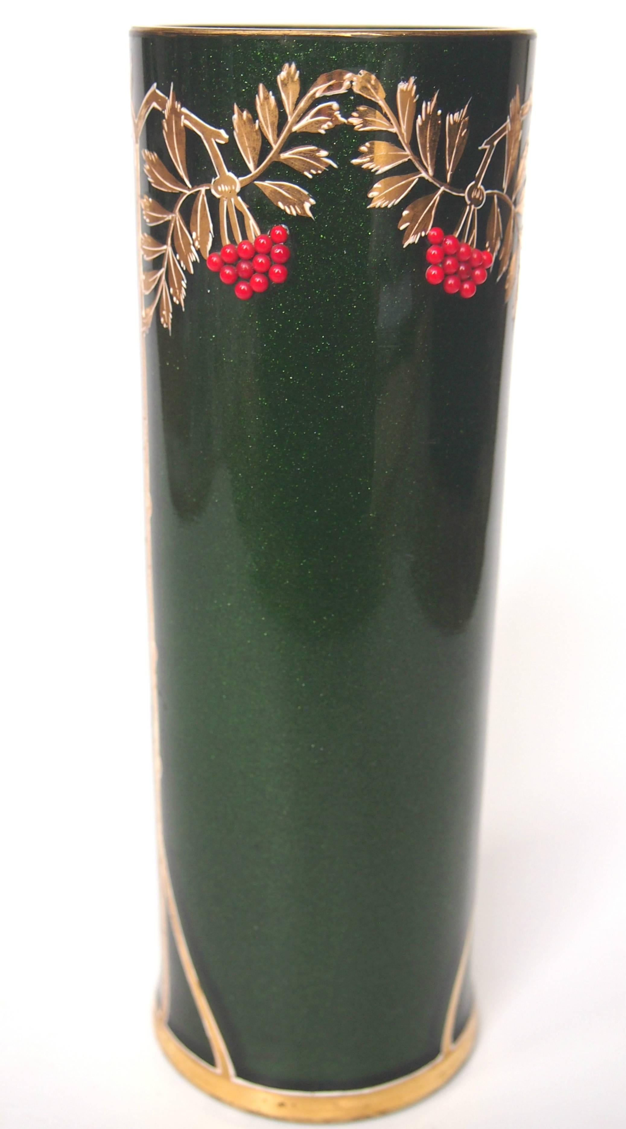 Art Nouveau Green Aventurine Riedel Vase with Applied Red Beads In Excellent Condition In London, GB