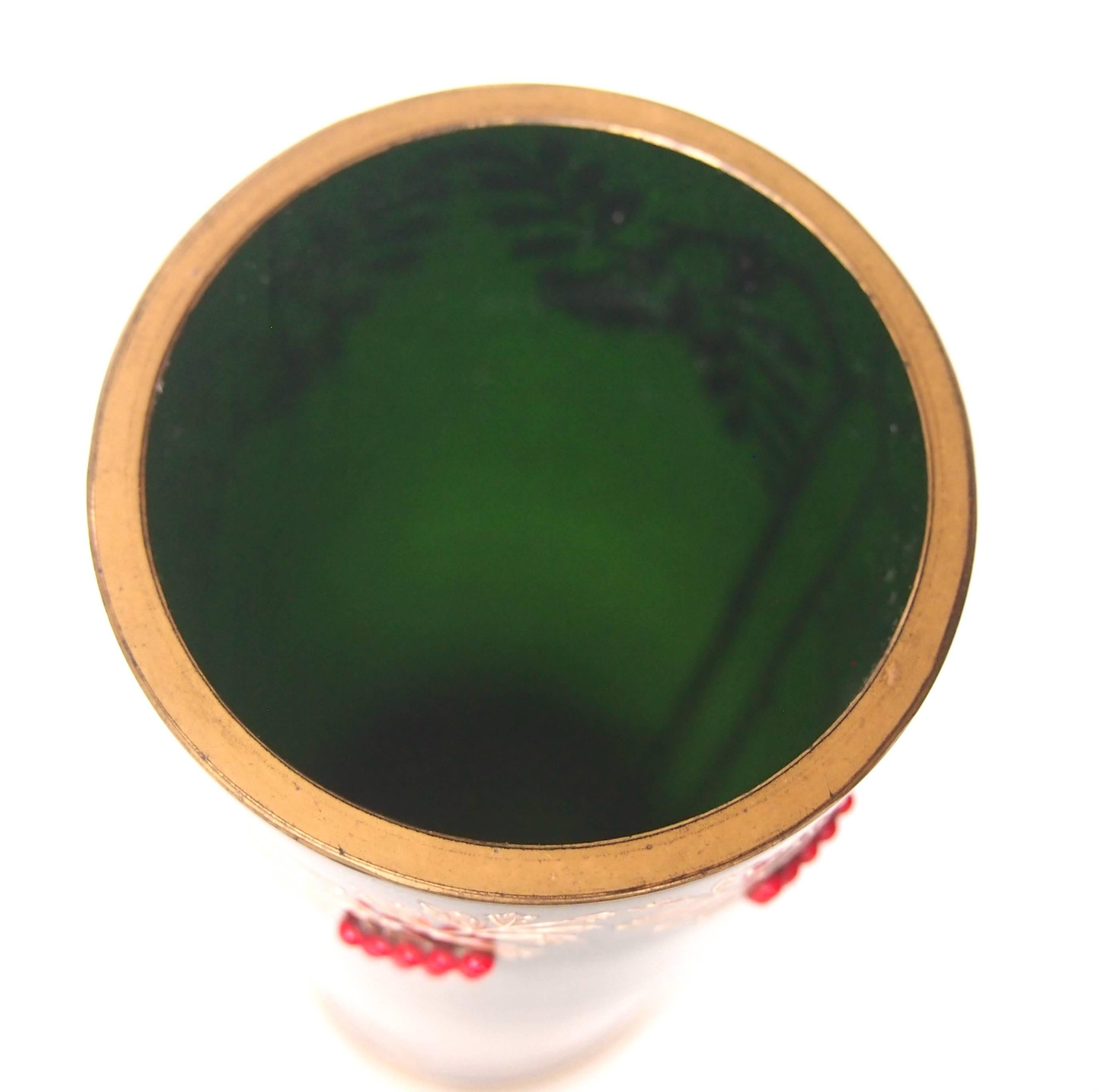 Art Glass Art Nouveau Green Aventurine Riedel Vase with Applied Red Beads