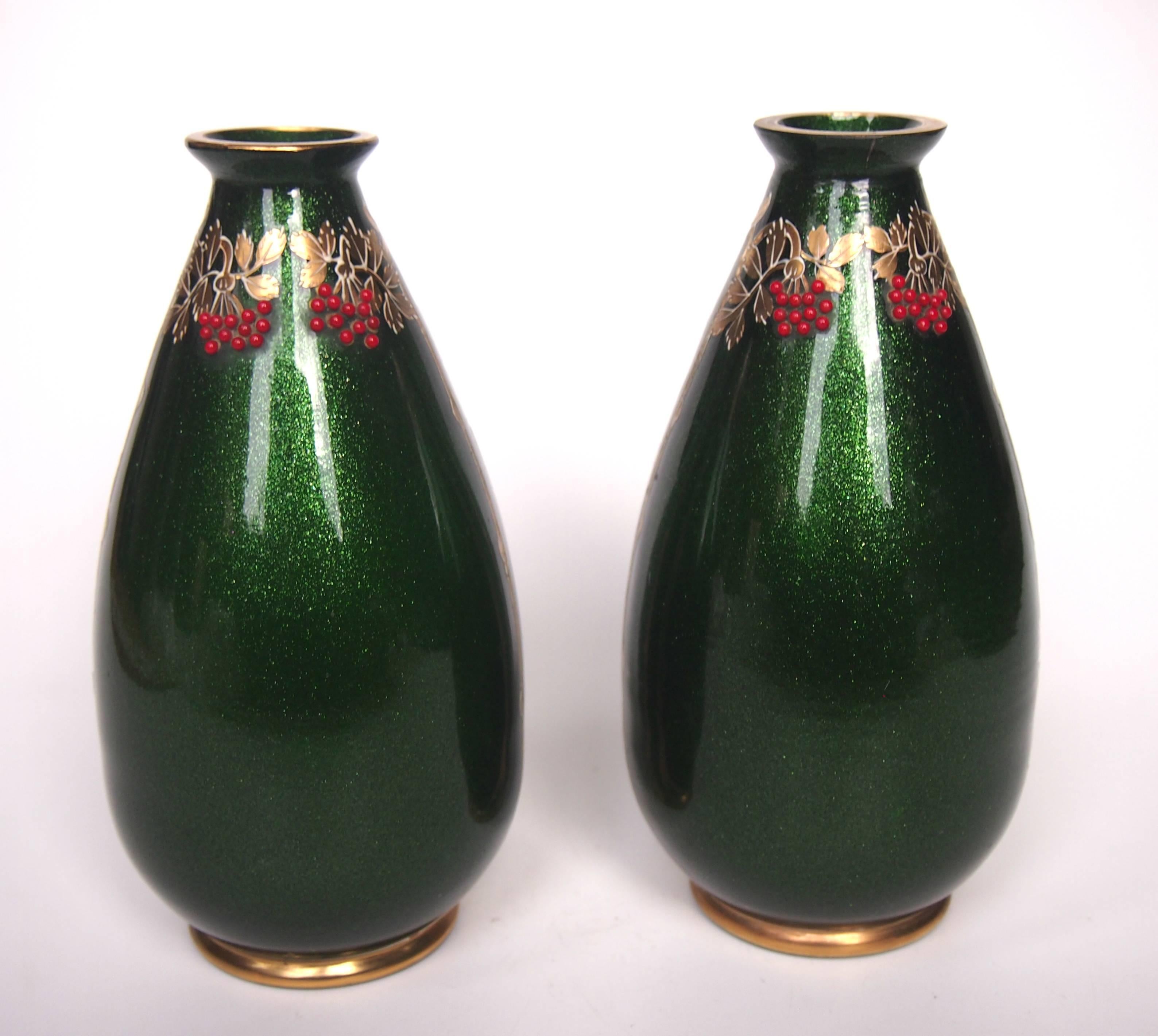 Czech Pair of Art Nouveau Riedel Green Aventurine Vases with Red Beads