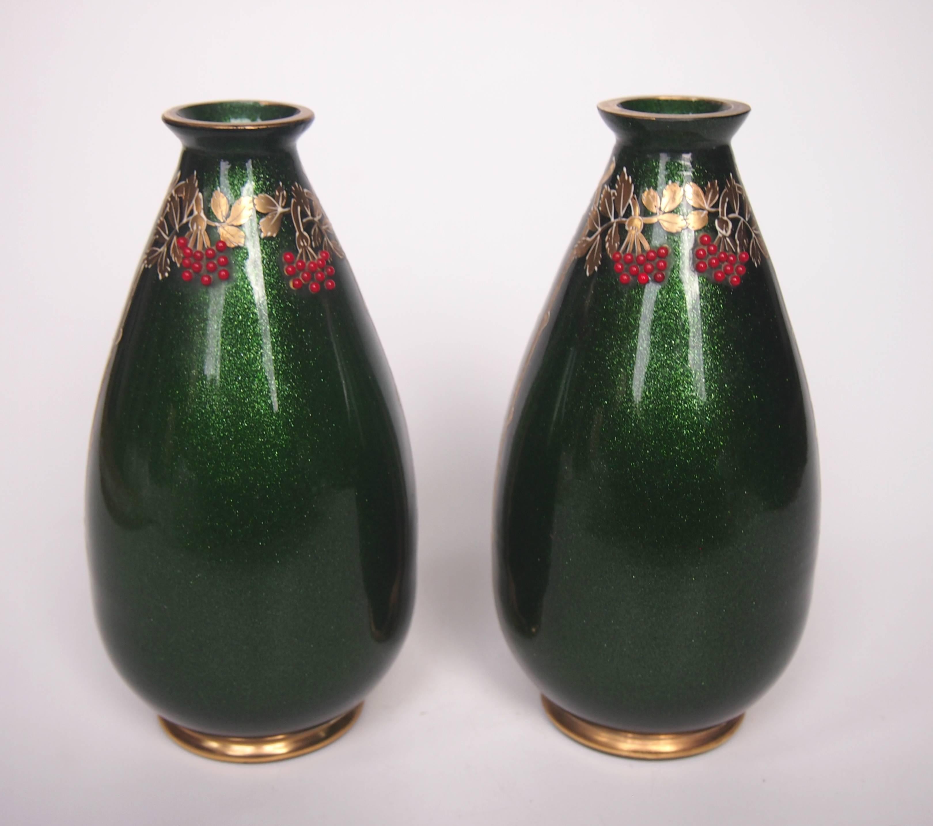 Late 19th Century Pair of Art Nouveau Riedel Green Aventurine Vases with Red Beads