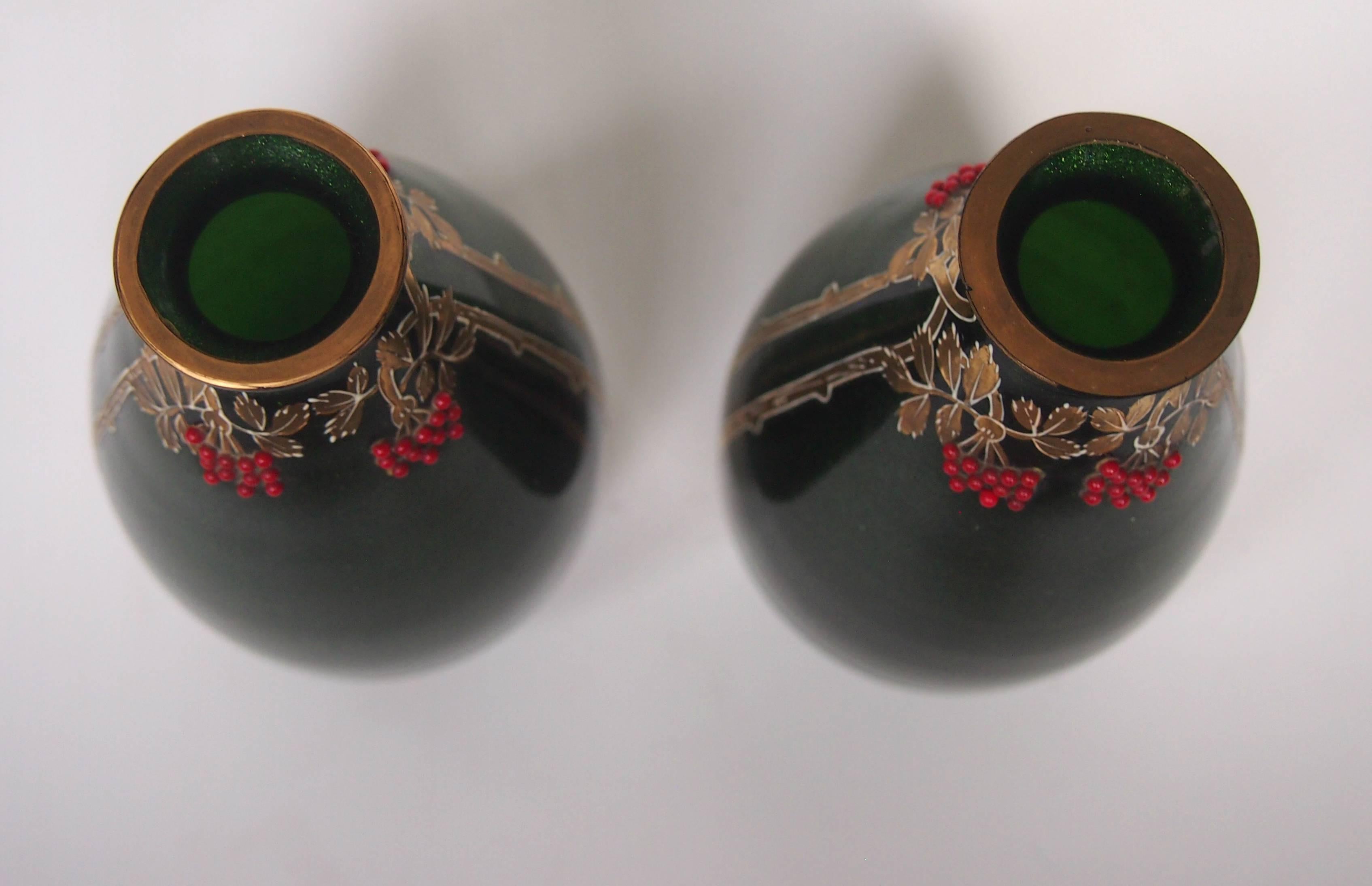 Art Glass Pair of Art Nouveau Riedel Green Aventurine Vases with Red Beads