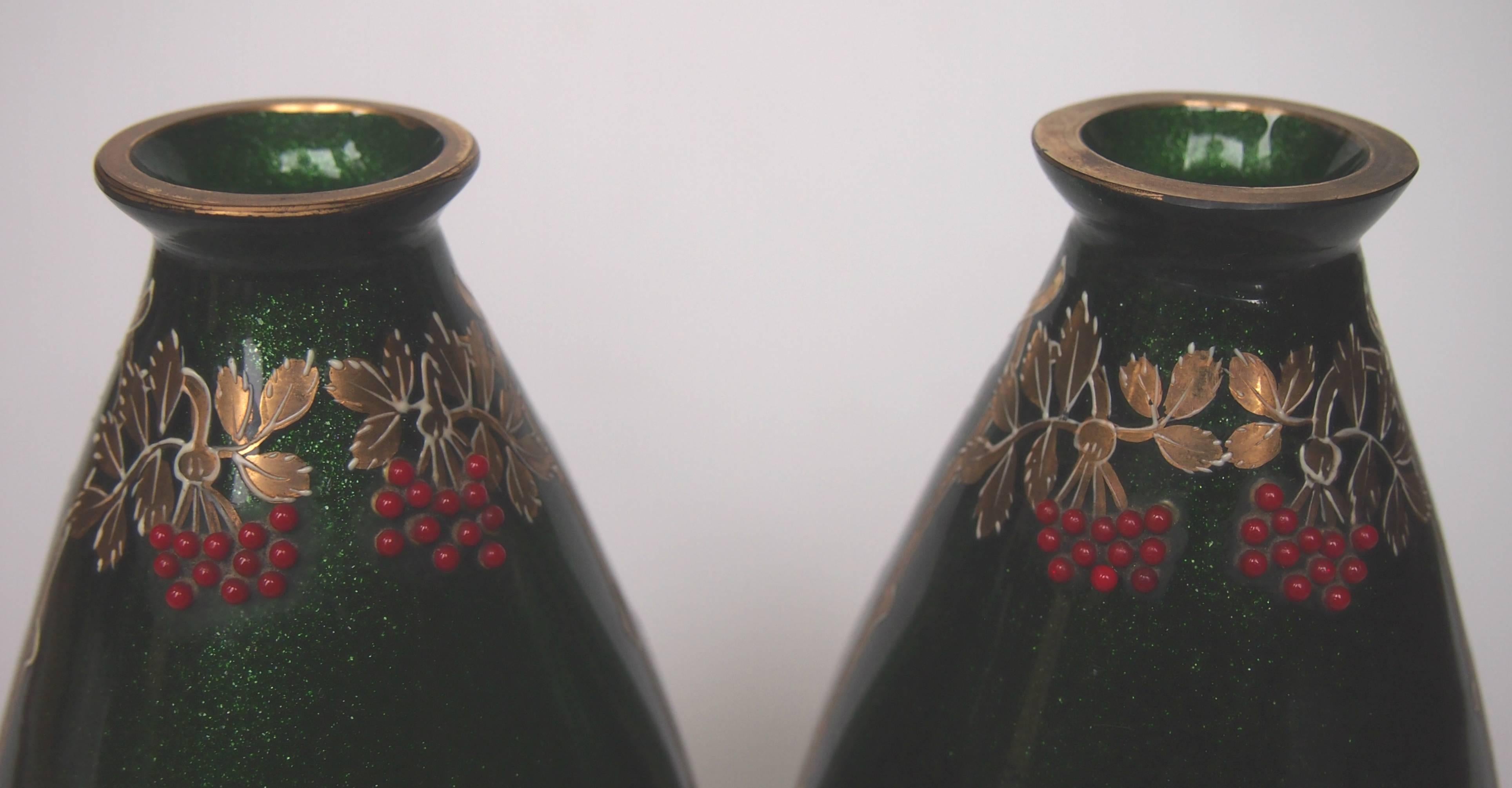 Pair of Art Nouveau Riedel Green Aventurine Vases with Red Beads 1