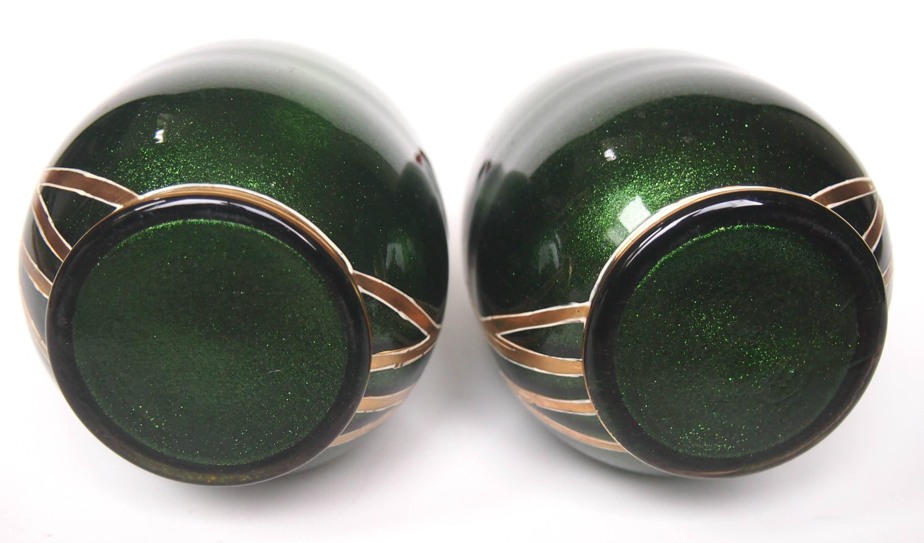 Pair of Art Nouveau Riedel Green Aventurine Vases with Red Beads 2