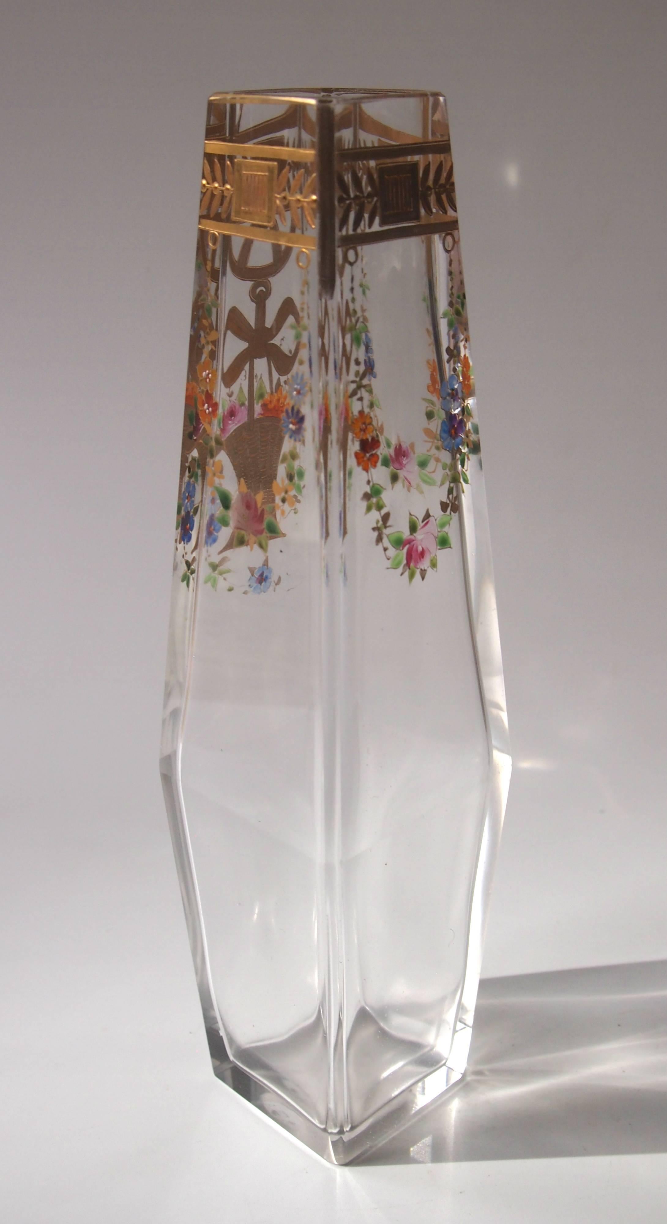 Late Victorian Bohemian Victorian Harrach Enameled Glass Vase with Basket of Flowers circa 1895 For Sale