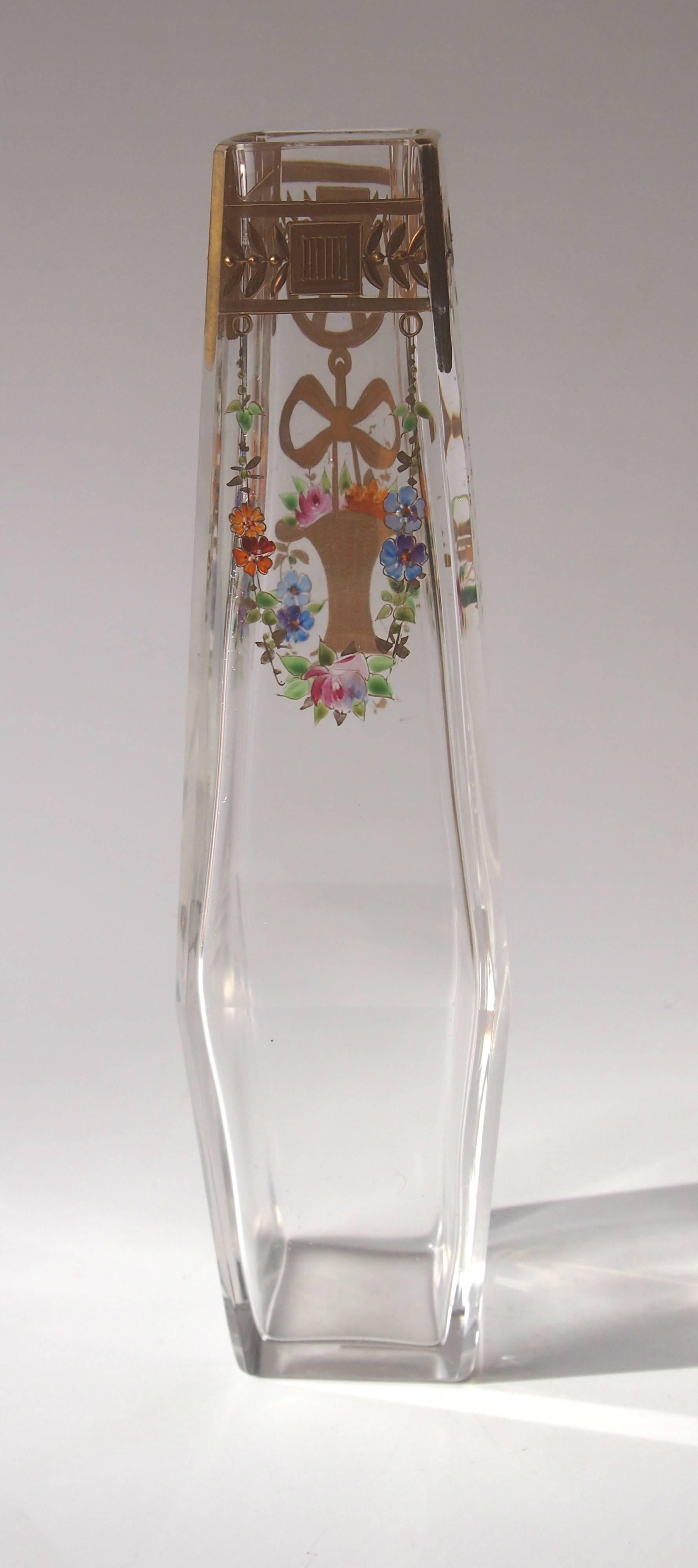 Czech Bohemian Victorian Harrach Enameled Glass Vase with Basket of Flowers circa 1895 For Sale