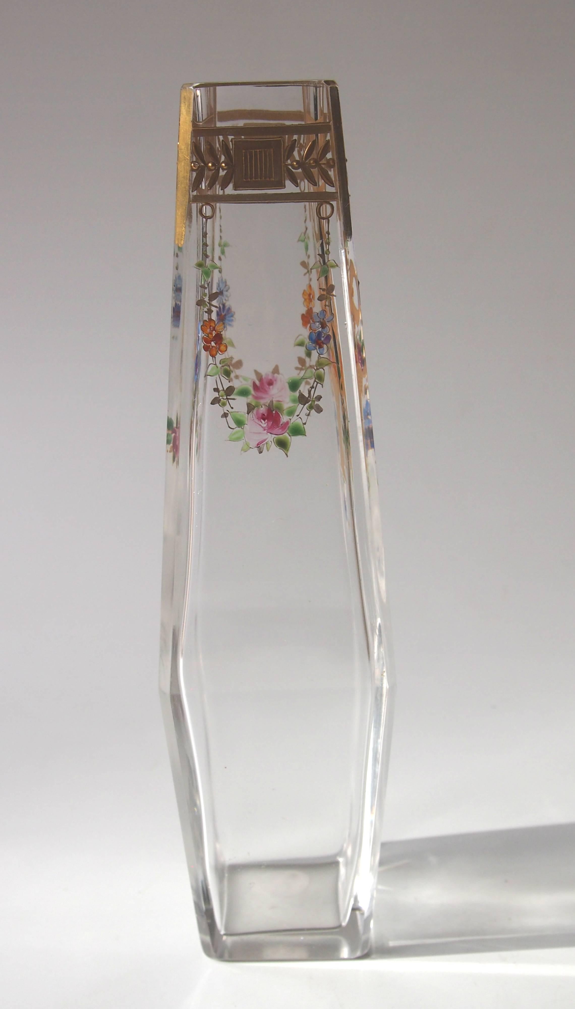 Bohemian Victorian Harrach Enameled Glass Vase with Basket of Flowers circa 1895 In Good Condition For Sale In London, GB