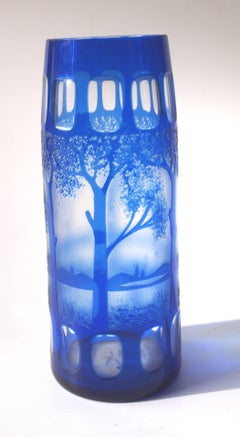 Czech Kralik Art Deco Landscape Cameo Glass Vase in Blue circa 1925