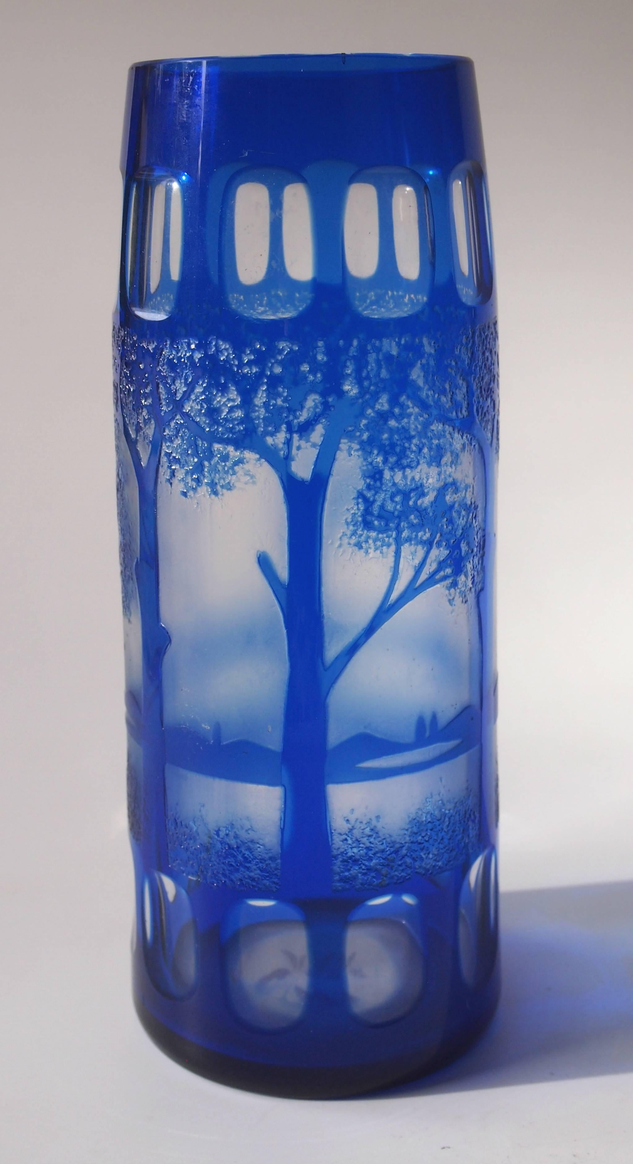 Czech Kralik Art Deco Landscape Cameo Glass Vase in Blue circa 1925 In Good Condition For Sale In London, GB