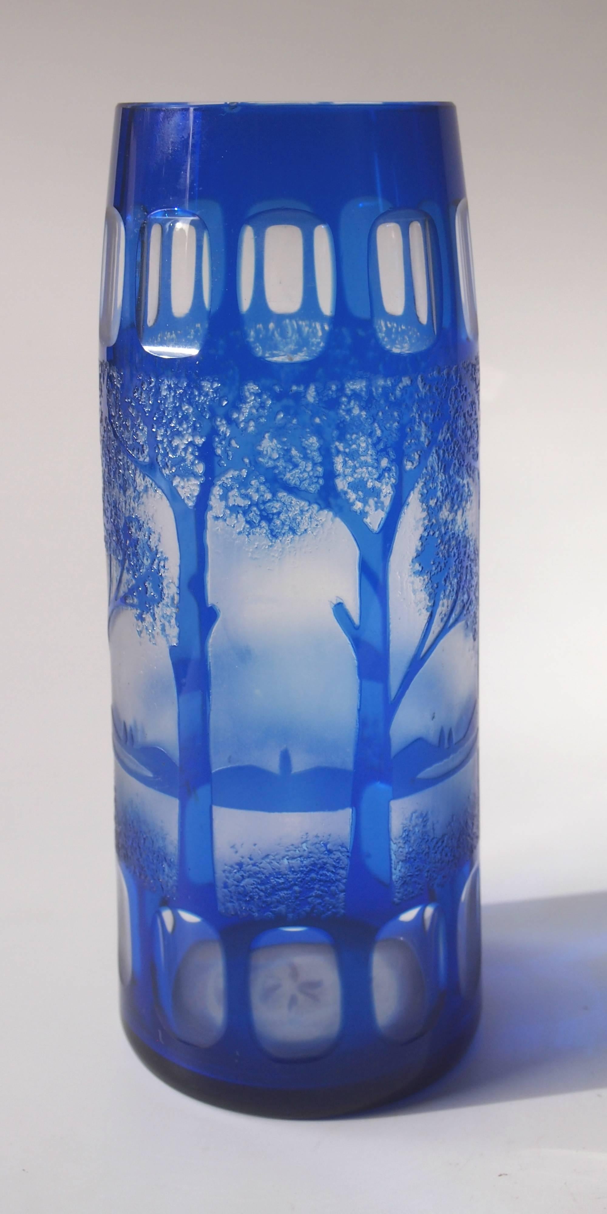 Early 20th Century Czech Kralik Art Deco Landscape Cameo Glass Vase in Blue circa 1925 For Sale