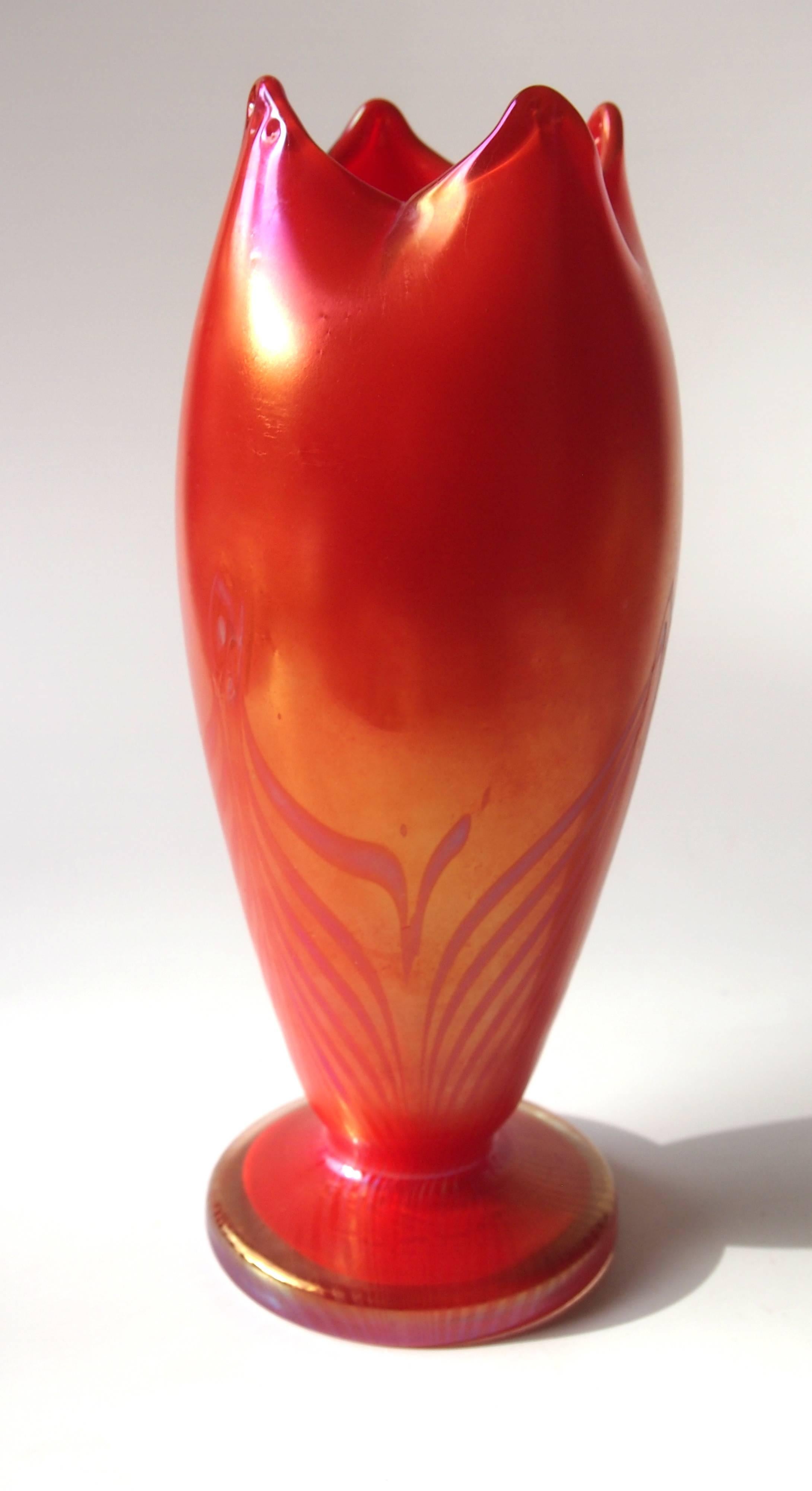Czech Bohemian Art Nouveau Kralik Red Pulled and Feathered Glass Vase