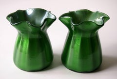 Bohemian Pair of Art Deco Loetz Green Metalin Glass Vases