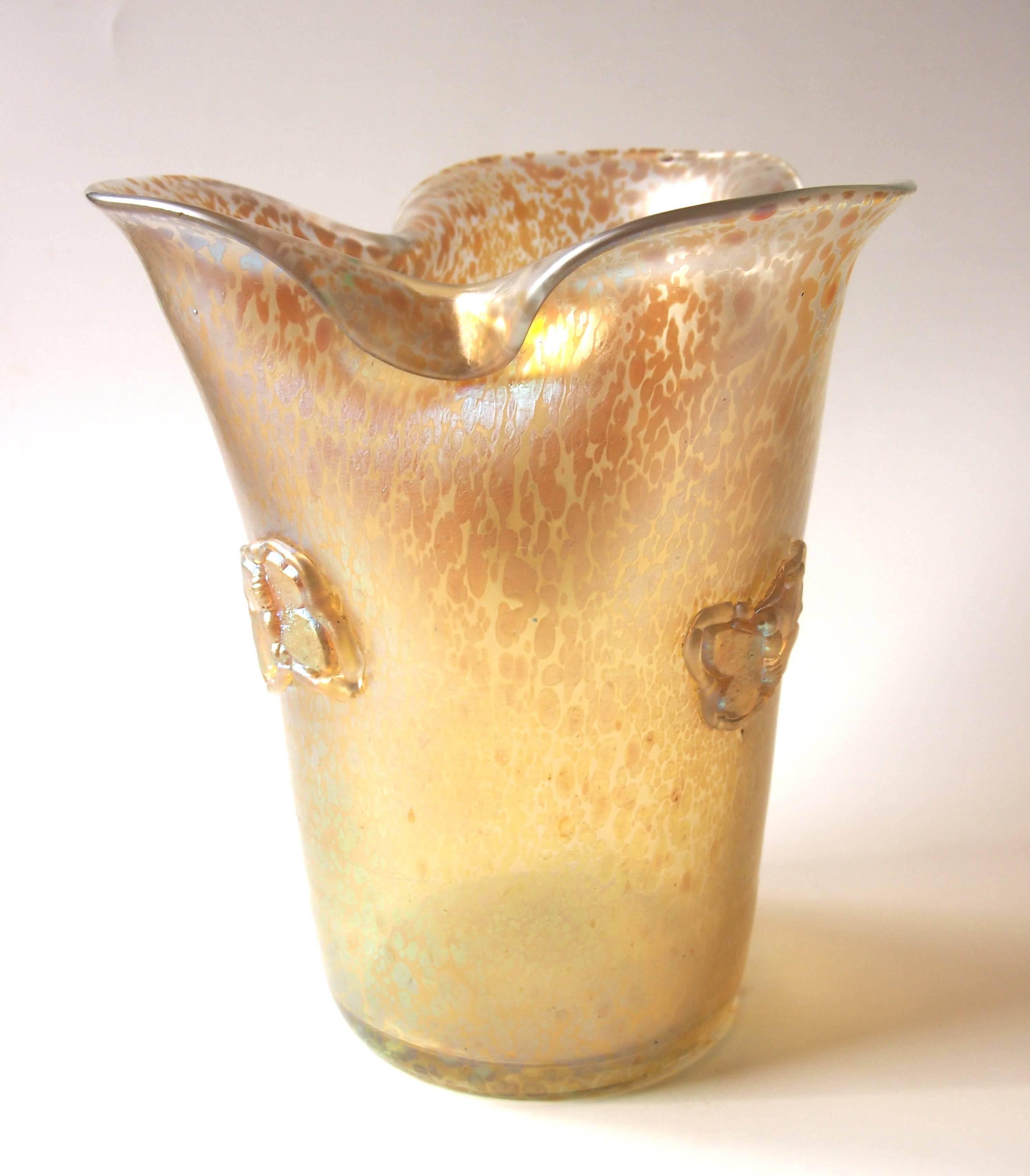 A large Art Deco Loetz 'Candia' (gold on clear) Papillon (Butterfly wing) vase with three hot applied butterflies. An unusual bucket shape with hot shaped rim/lips -although it's mostly gold on clear there are a few other colors present in the