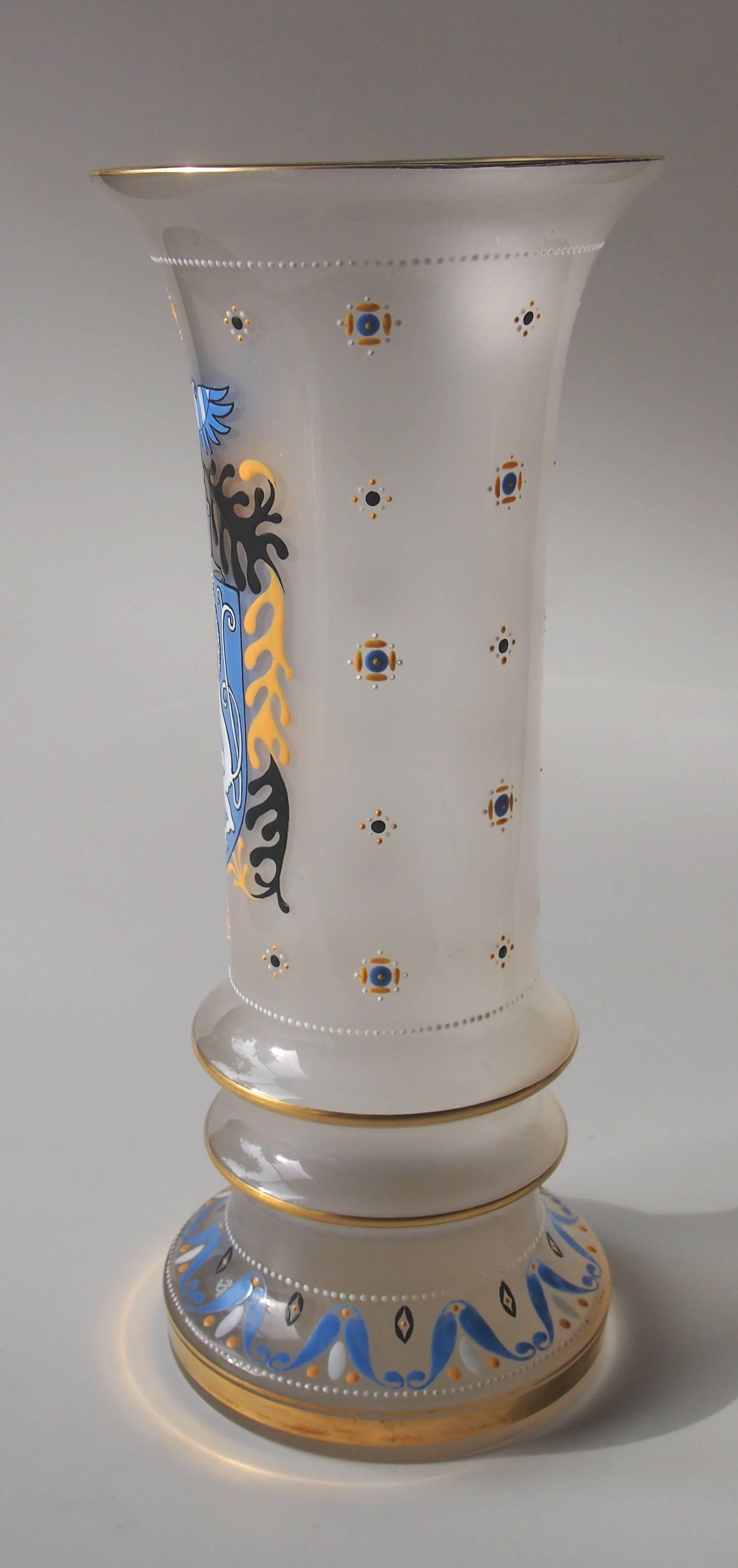 Signed Fachschule Steinschönau armorial vase, frosted/milk glass effect with finely enamelled floral décor, depicting the arms of the local regional capital Decin. Made between 1905-1914. Signed 'KKF - S.ST' for Fachschule Steinschönau, and with “M”