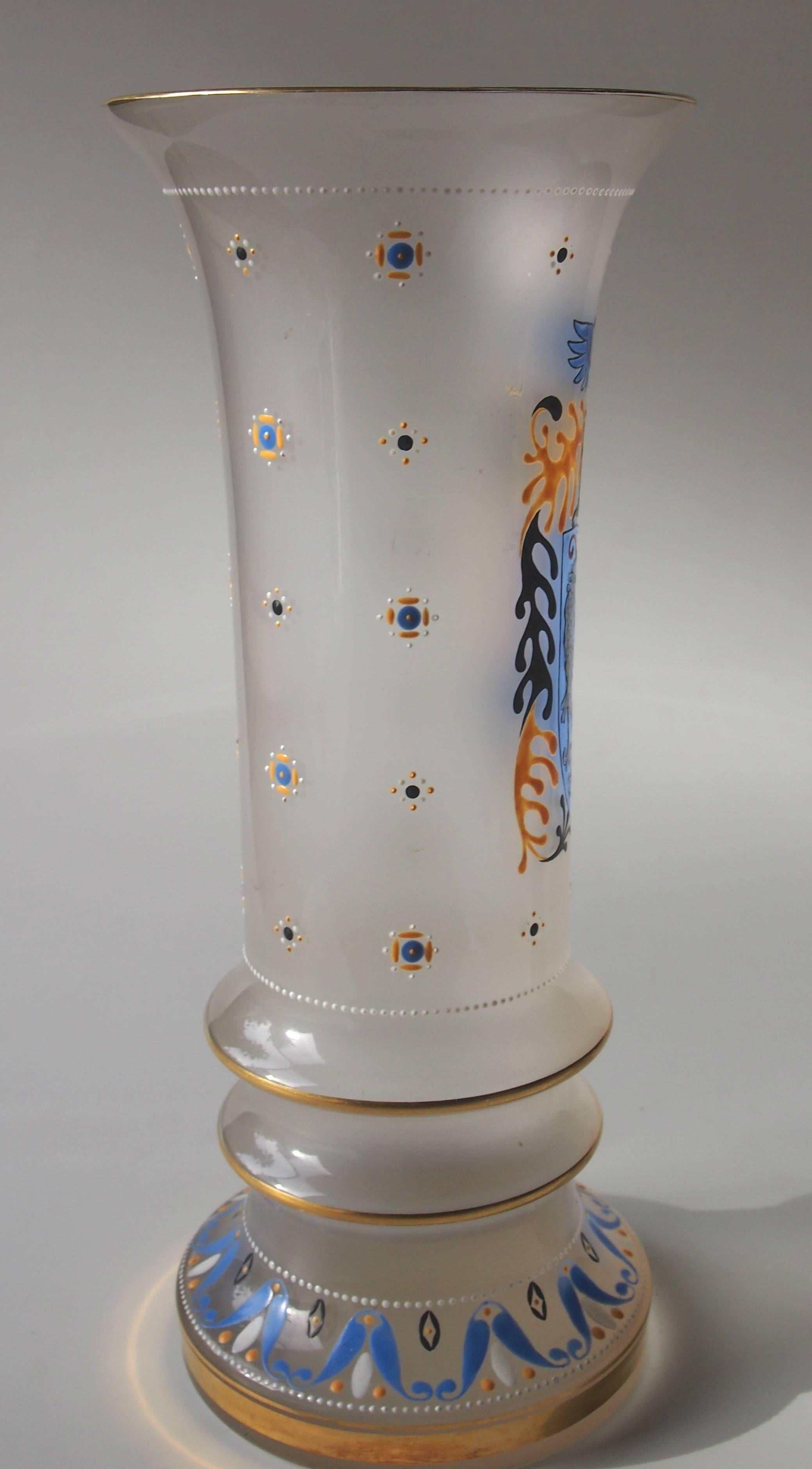 Enameled Bohemian Art Nouveau Armorial Glass Vase by Hugo Max of the Steinschönau School For Sale