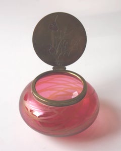 Bohemian Art Nouveau Kralik Red Banded Glass Desk Tidy with Holly Decoration