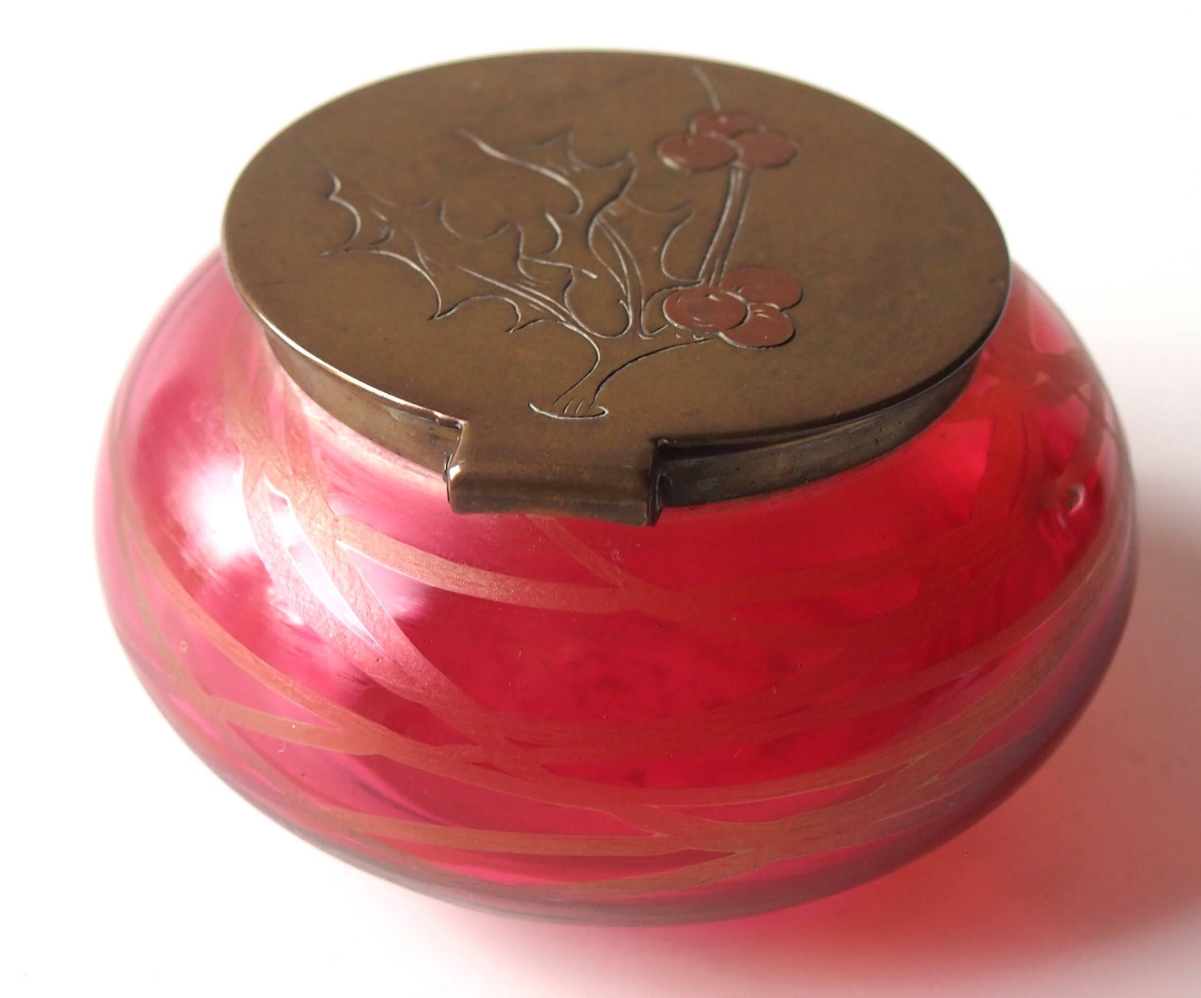 Metal Bohemian Art Nouveau Kralik Red Banded Glass Desk Tidy with Holly Decoration For Sale