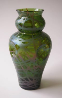 Bohemian Art Nouveau Kralik Green Banded Glass Vase 1900