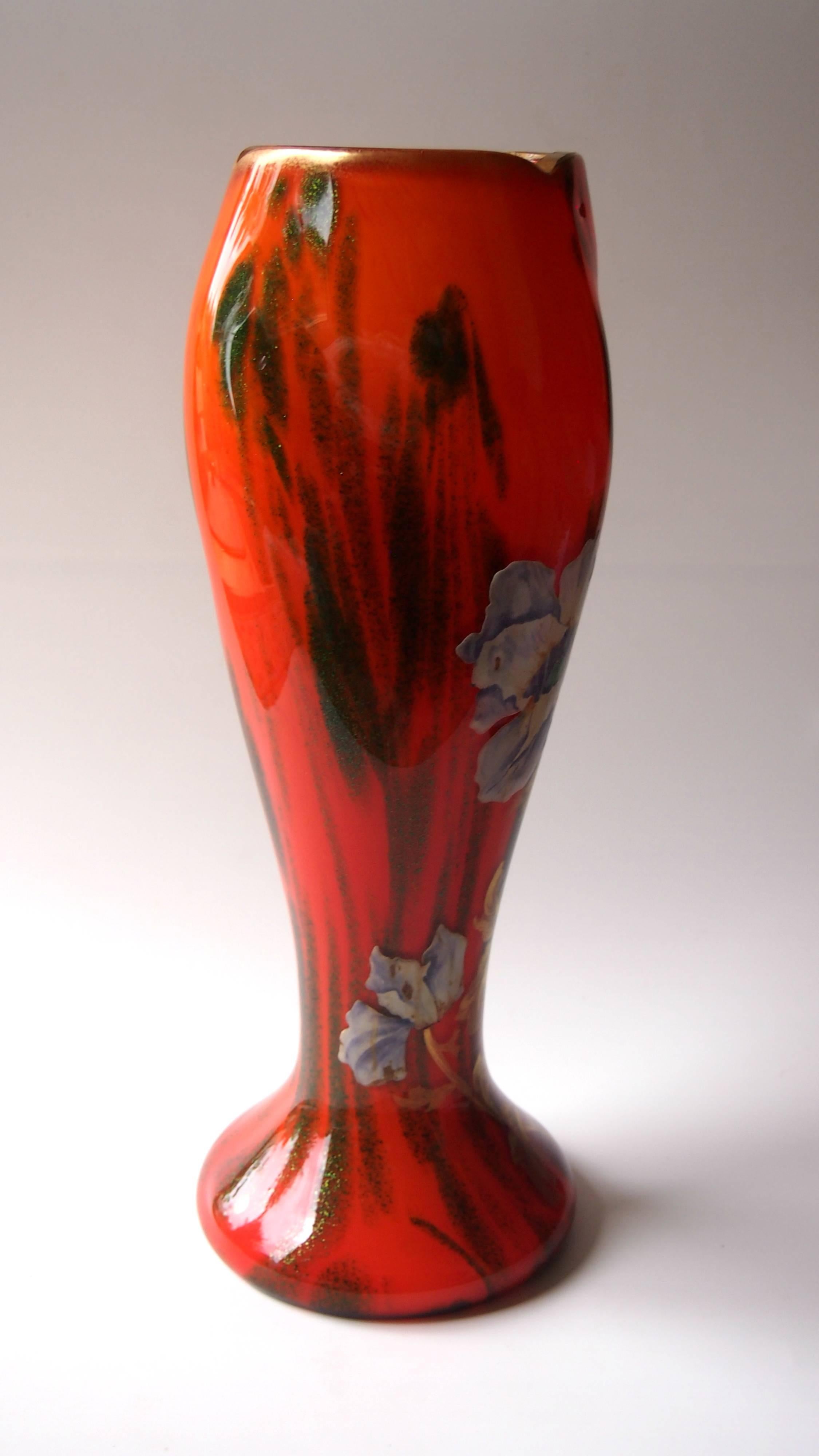 Czech Bohemian Art Nouveau Enamelled Harrach Glass Vase in Orange and Aventurine Green For Sale