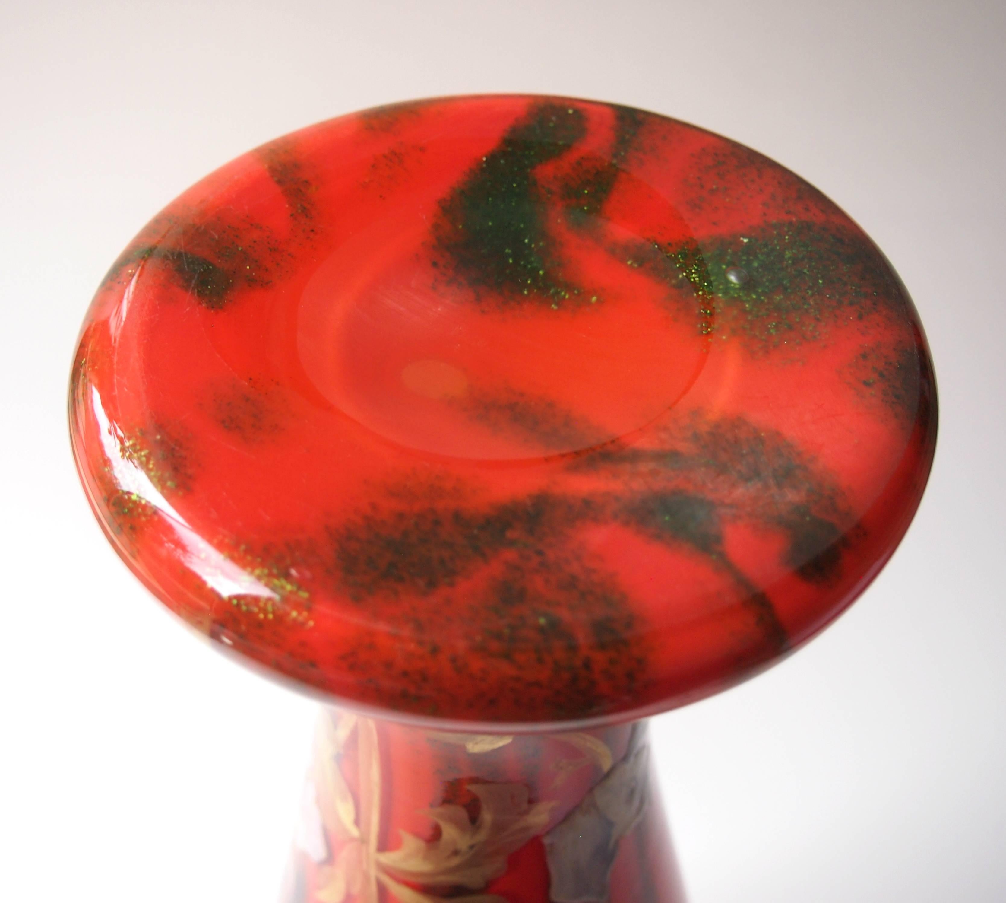 Late 19th Century Bohemian Art Nouveau Enamelled Harrach Glass Vase in Orange and Aventurine Green For Sale