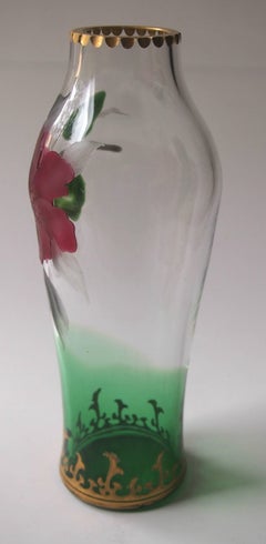 Bohemian Art Nouveau Green/Clear Harrach Marquetry Glass Vase with Red Blossom