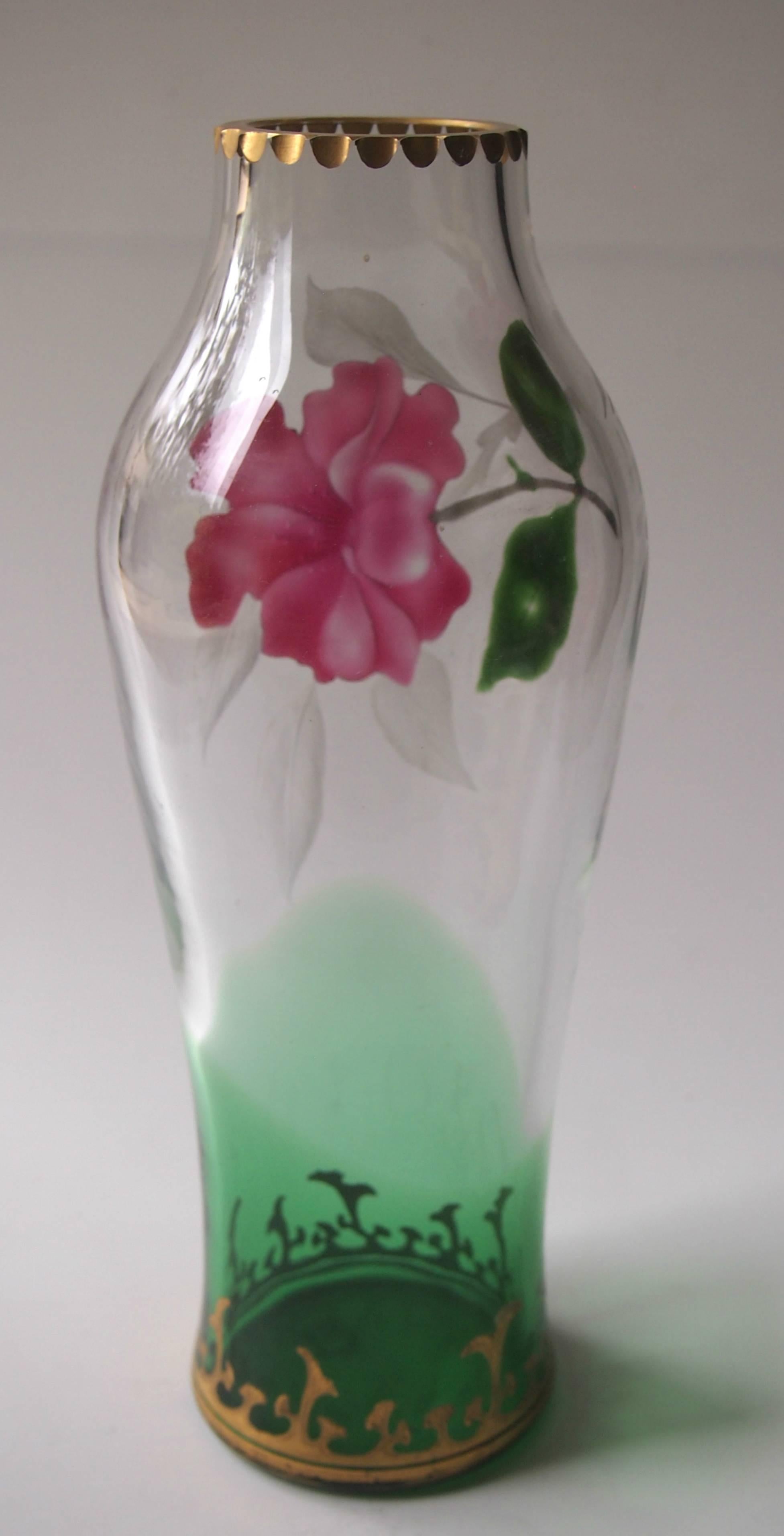 Czech Bohemian Art Nouveau Green/Clear Harrach Marquetry Glass Vase with Red Blossom