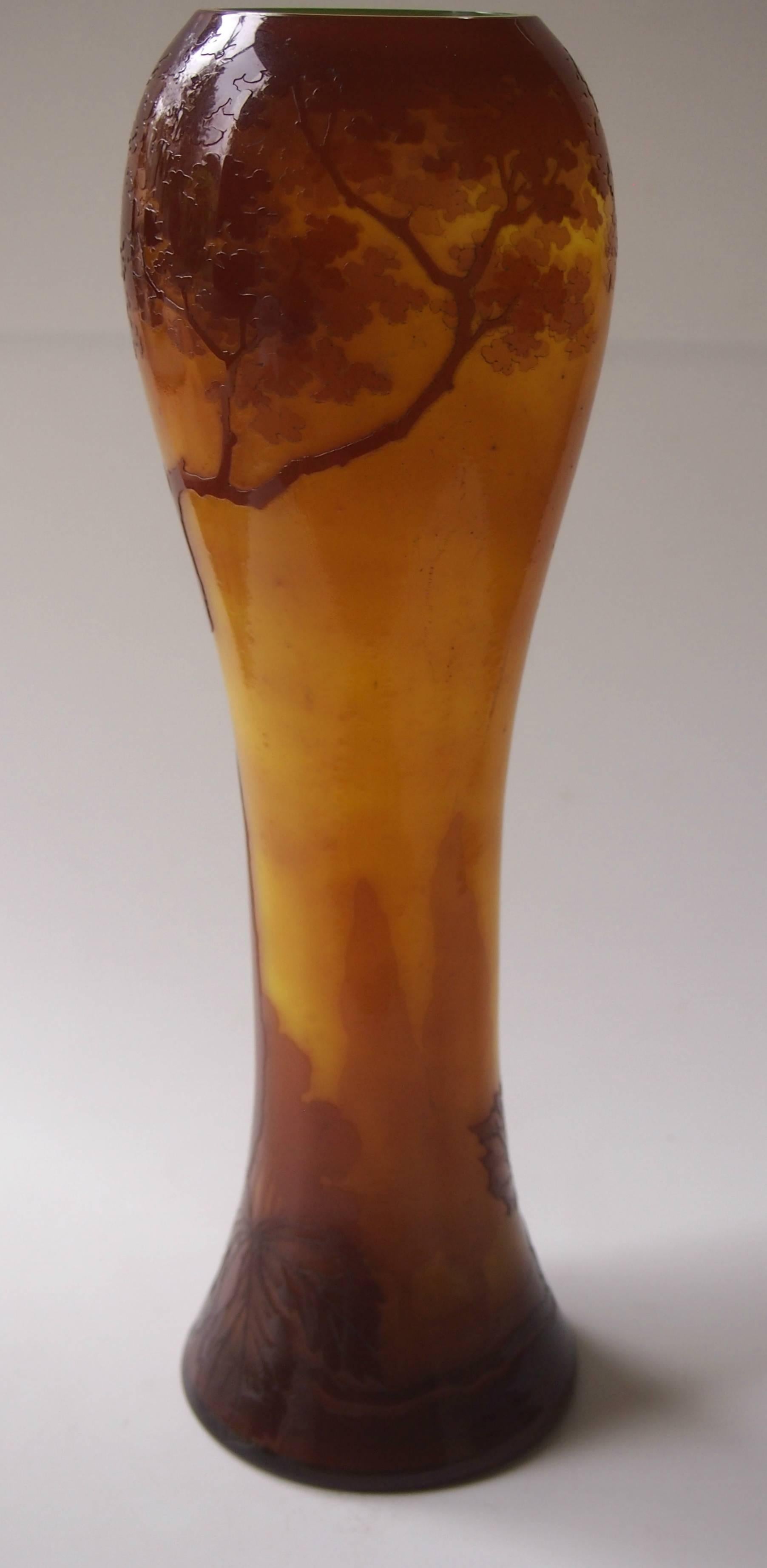Fine tall, Art Nouveau brown over orange, Riedel cameo landscape vase depicting trees and stylised foliage - a squat version of this vase can be seen in a lamp form in the Riedel book.

Riedel was one of the greatest glass houses in Bohemian they