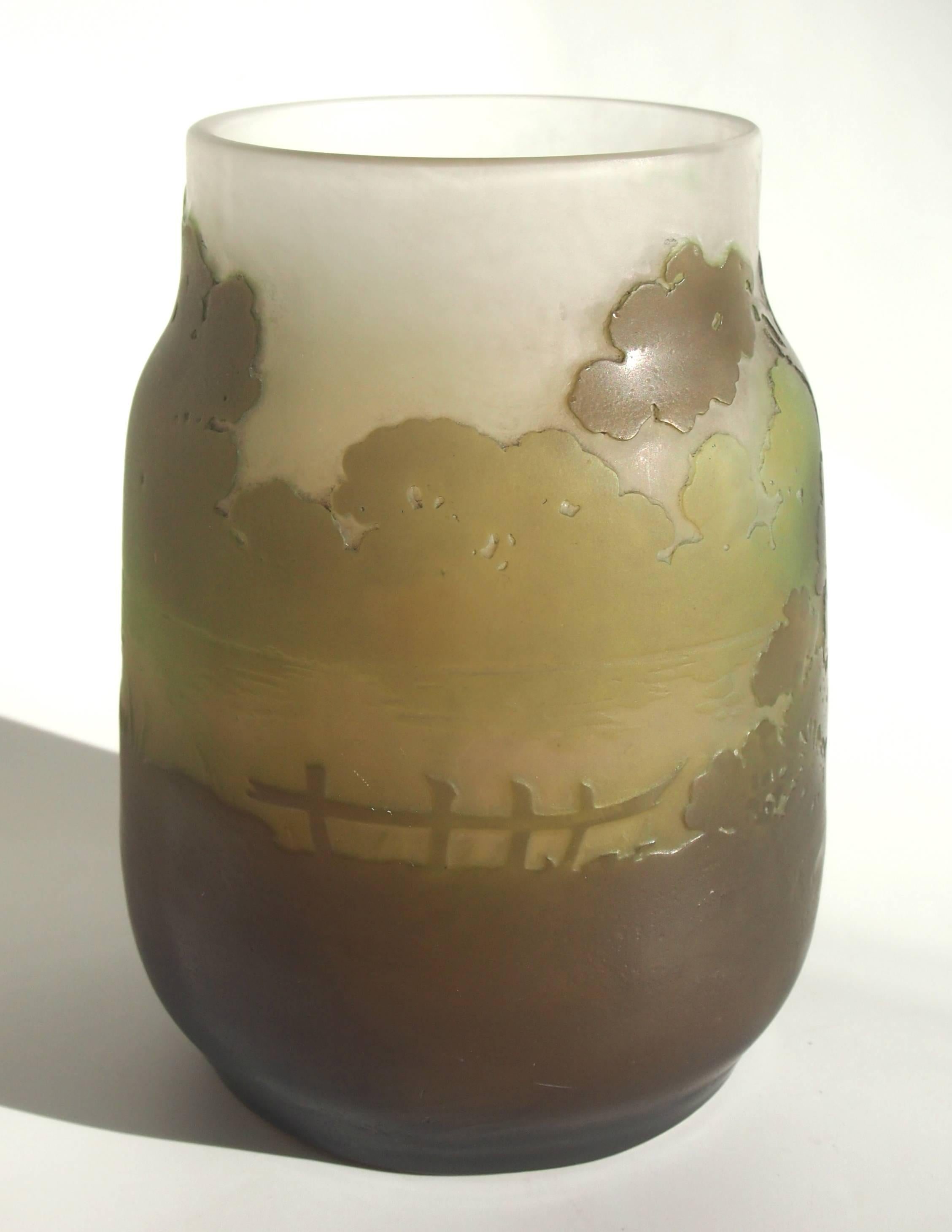 French Art Nouveau Emile Galle Cameo Glass 'Morning Mist' Landscape Vase c1900 In Good Condition For Sale In London, GB