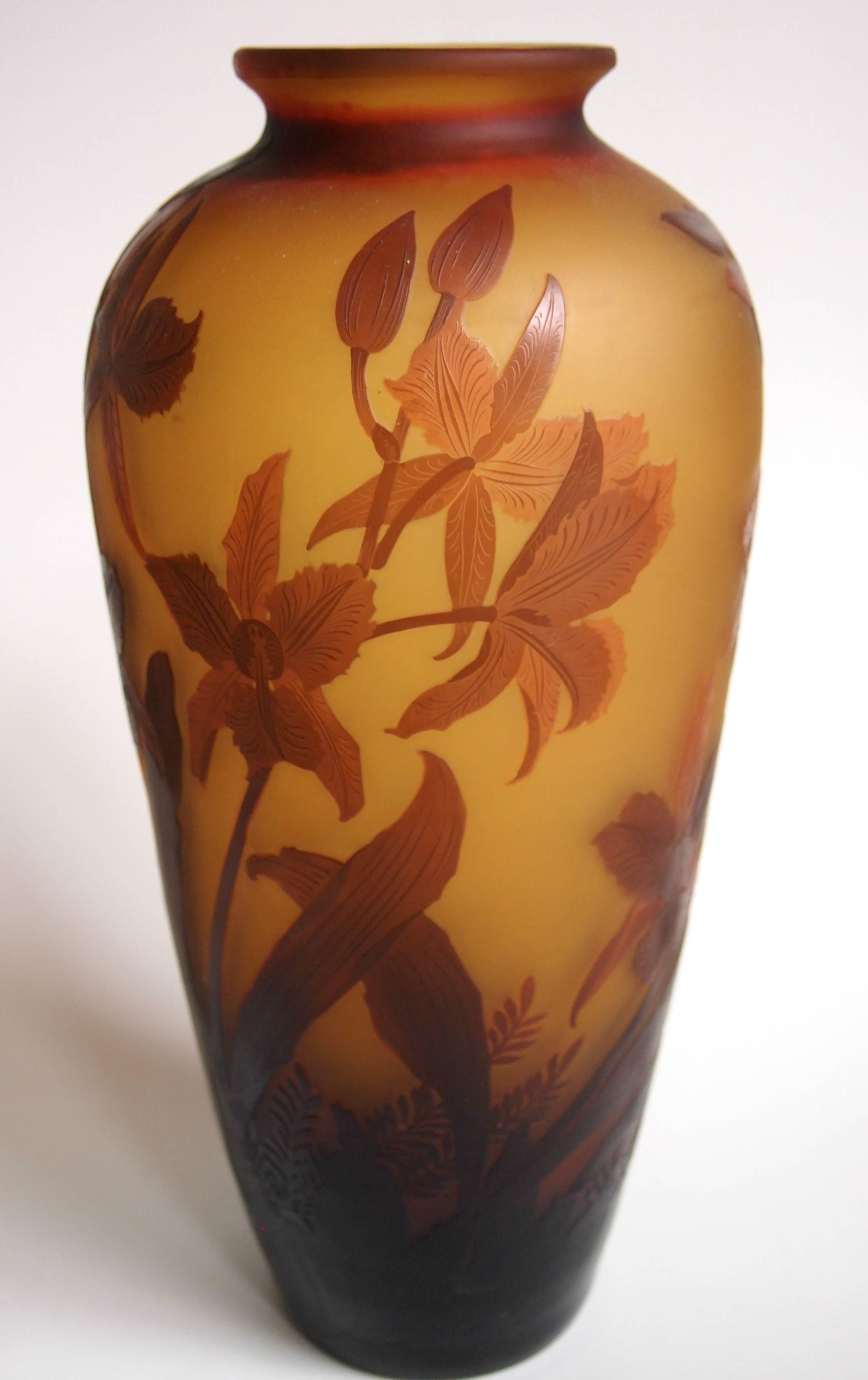 Spectacular large D'Argental Cameo vase made by Paul Nicolas in browns and oranges decorated with beautifully detailed flowering orchids, signed D'Argental - with Cross of Lorraine (see image 5) -the Cross of Lorraine indicates it was personally