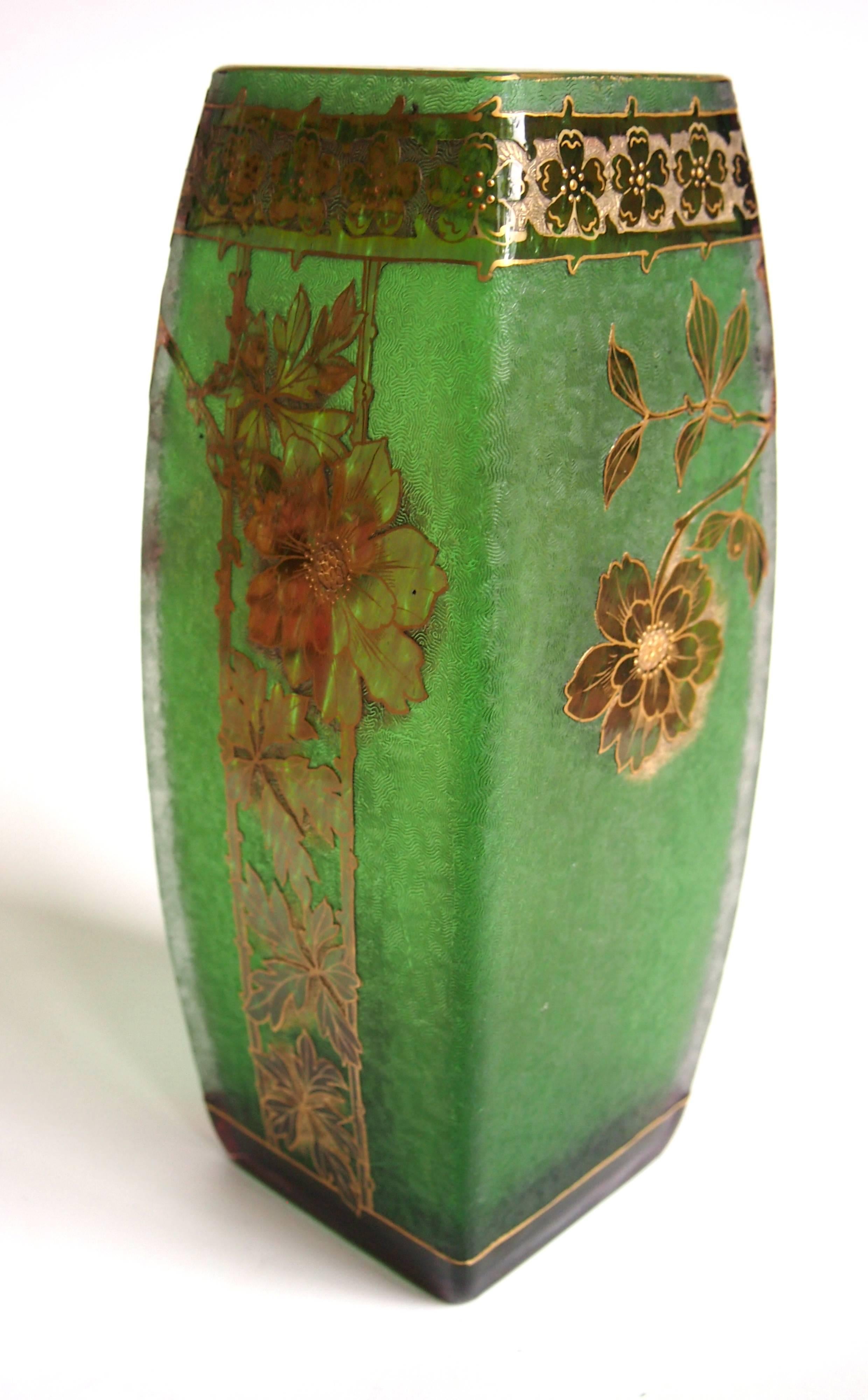 Superb Art Nouveau purple over green gilded Riedel cameo vase depicting stylized flowers. This range was first presented by Riedel at the 1900 Paris Exhibition -an almost identical vase is pictured (Fig 103) in the famous book 'Moderne Glasser' by