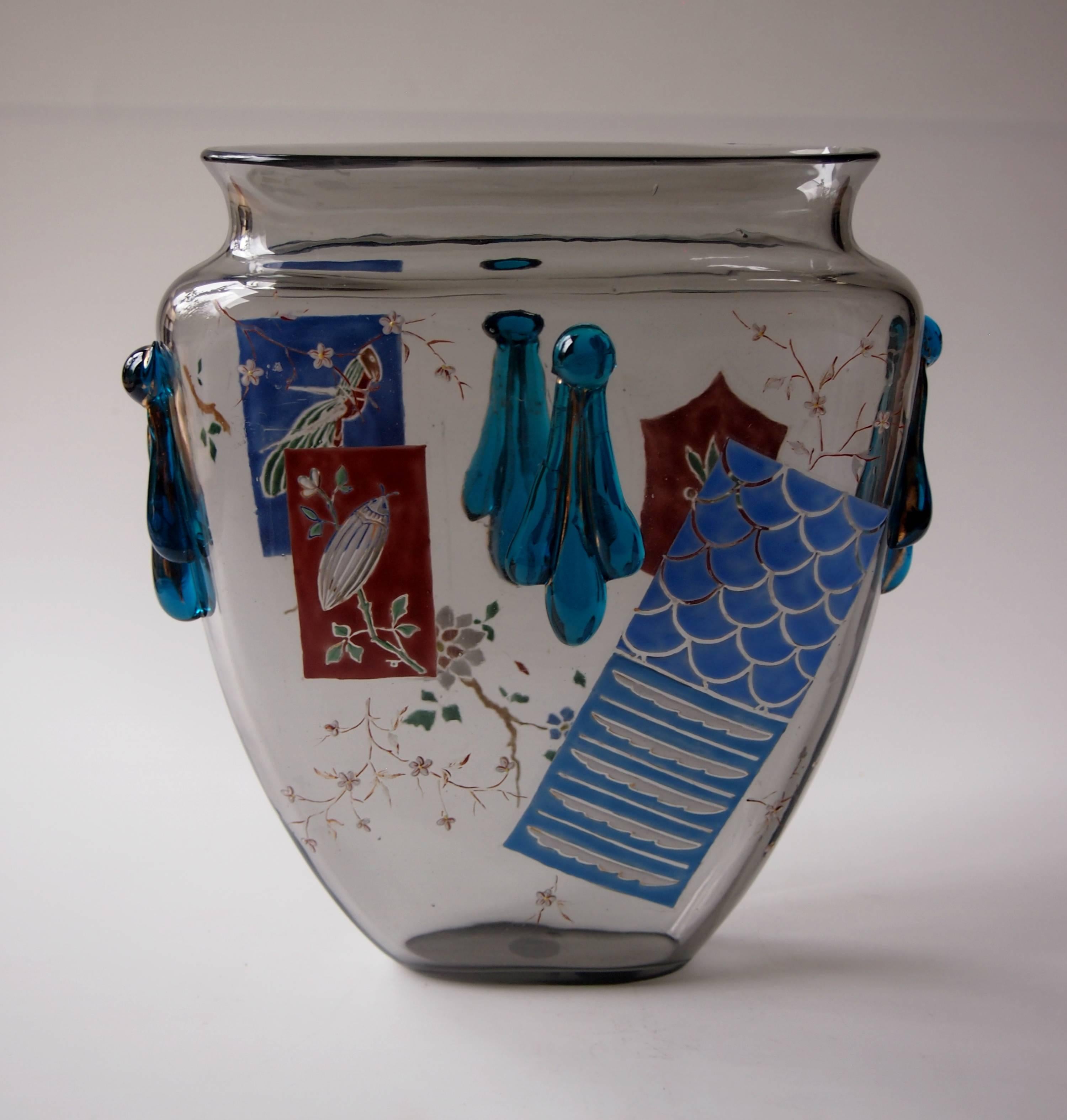 Czech Bohemian Harrach Grey Japonisme Enameled Glass 'Panel' Vase circa 1895 For Sale