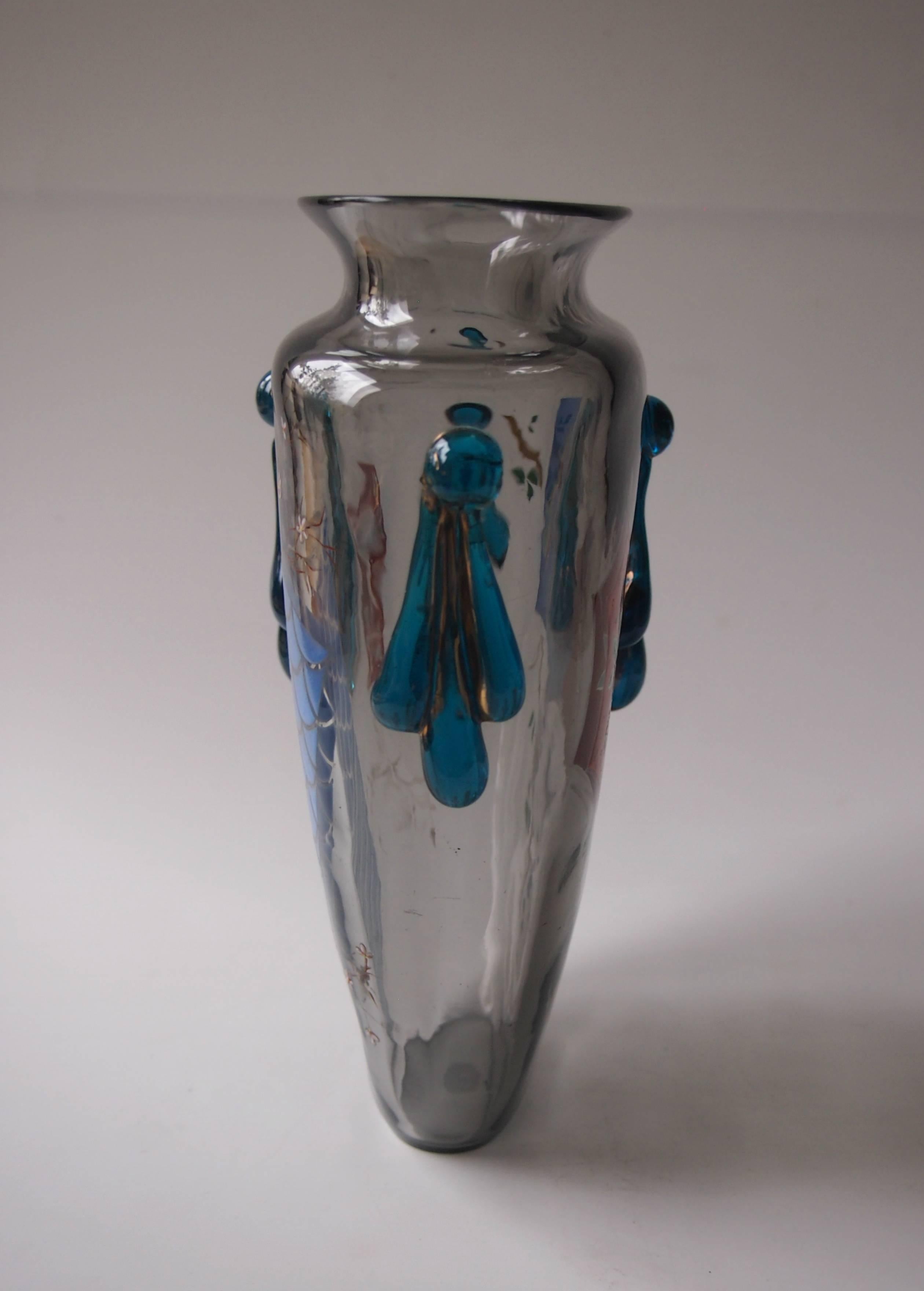 Bohemian Harrach Grey Japonisme Enameled Glass 'Panel' Vase circa 1895 In Good Condition For Sale In London, GB