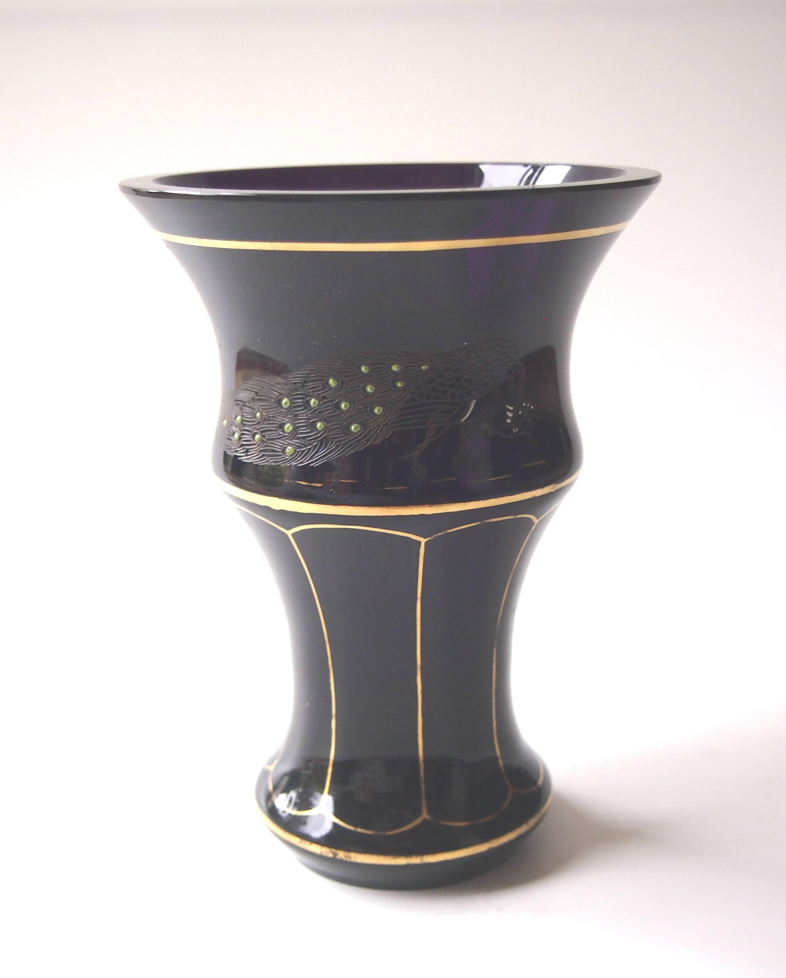 Czech Bohemian Art Deco Intaglio Carved and Enameled Purple Haida Peacock Glass Vase For Sale