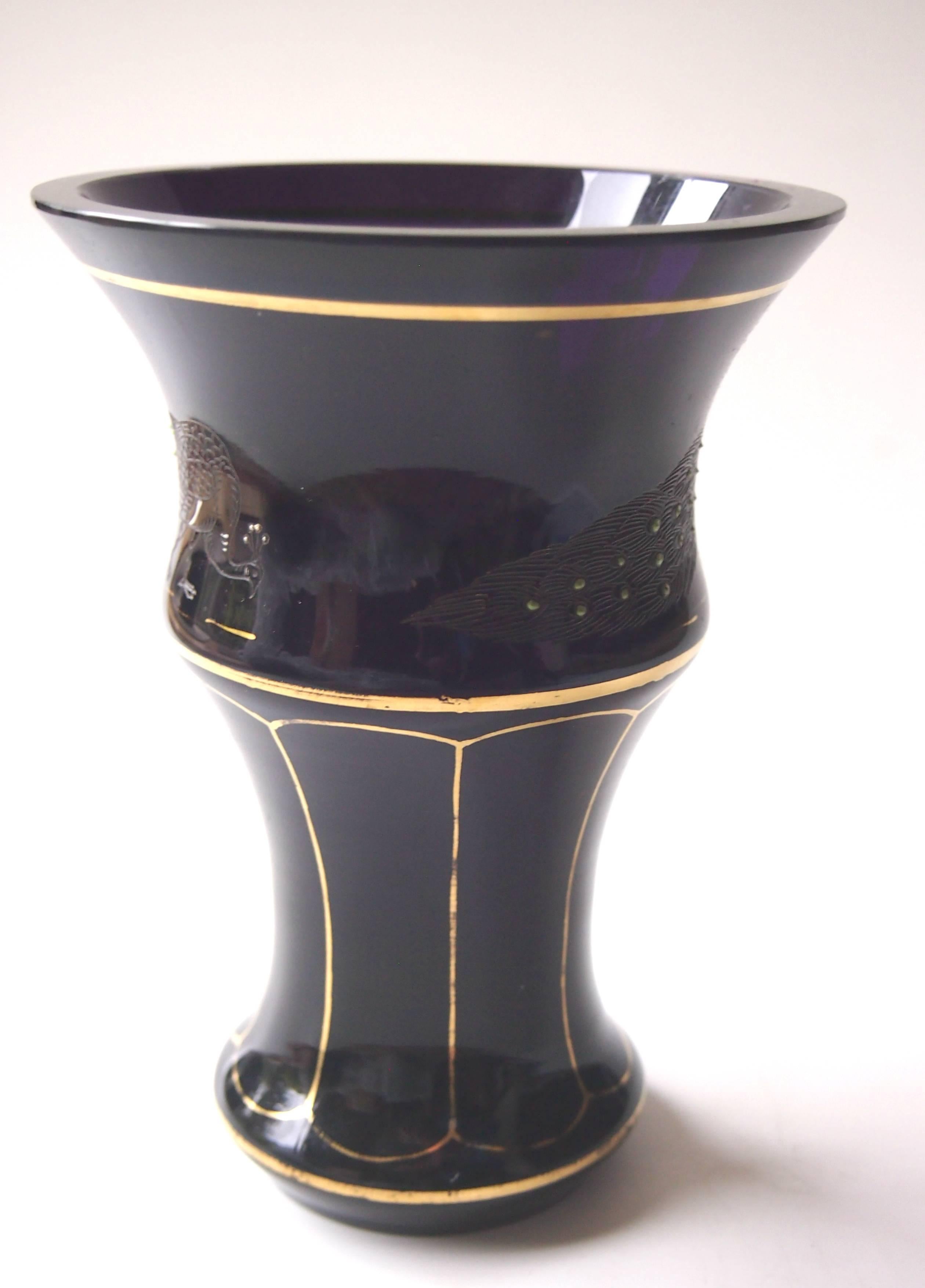 Early 20th Century Bohemian Art Deco Intaglio Carved and Enameled Purple Haida Peacock Glass Vase For Sale