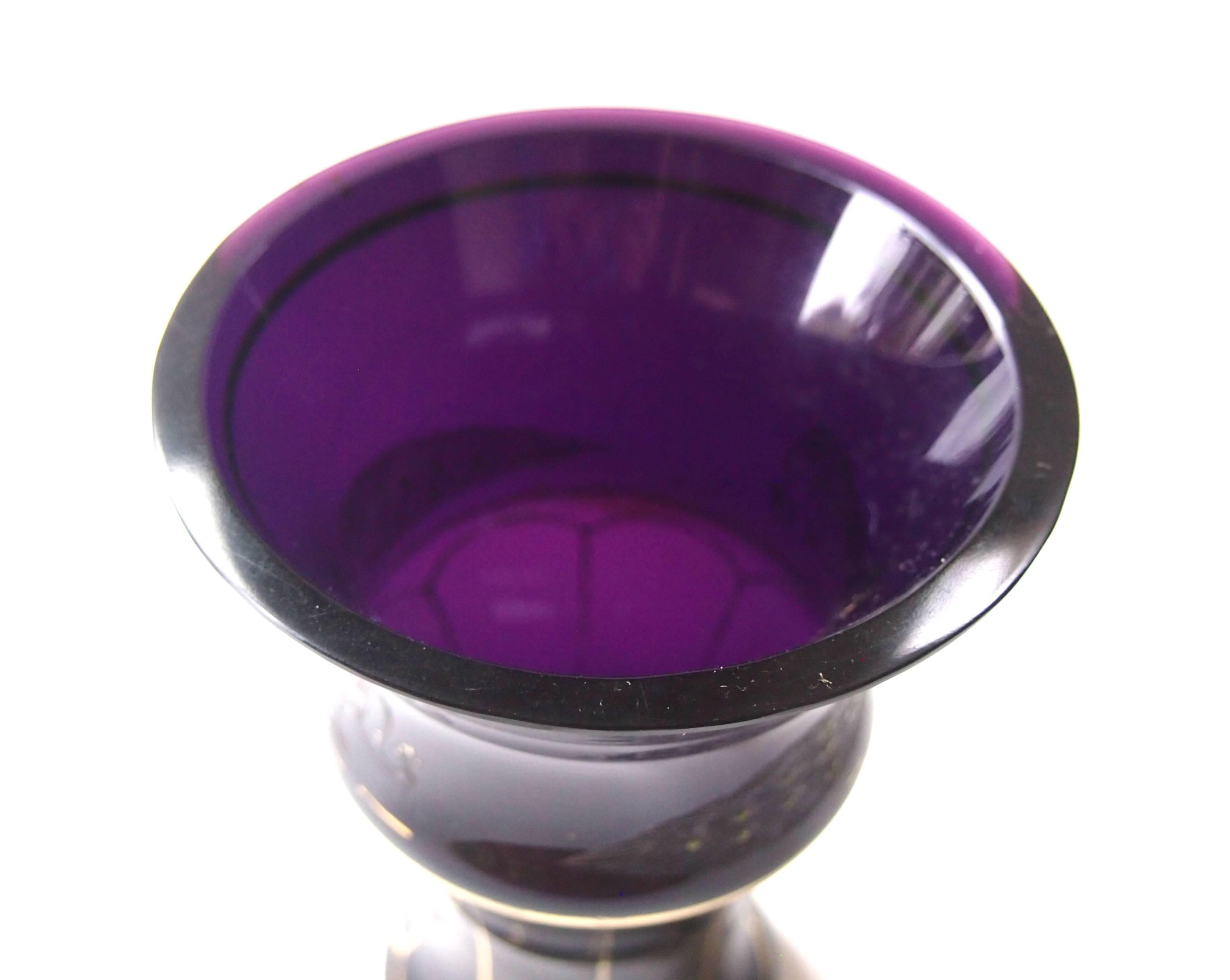 Art Glass Bohemian Art Deco Intaglio Carved and Enameled Purple Haida Peacock Glass Vase For Sale