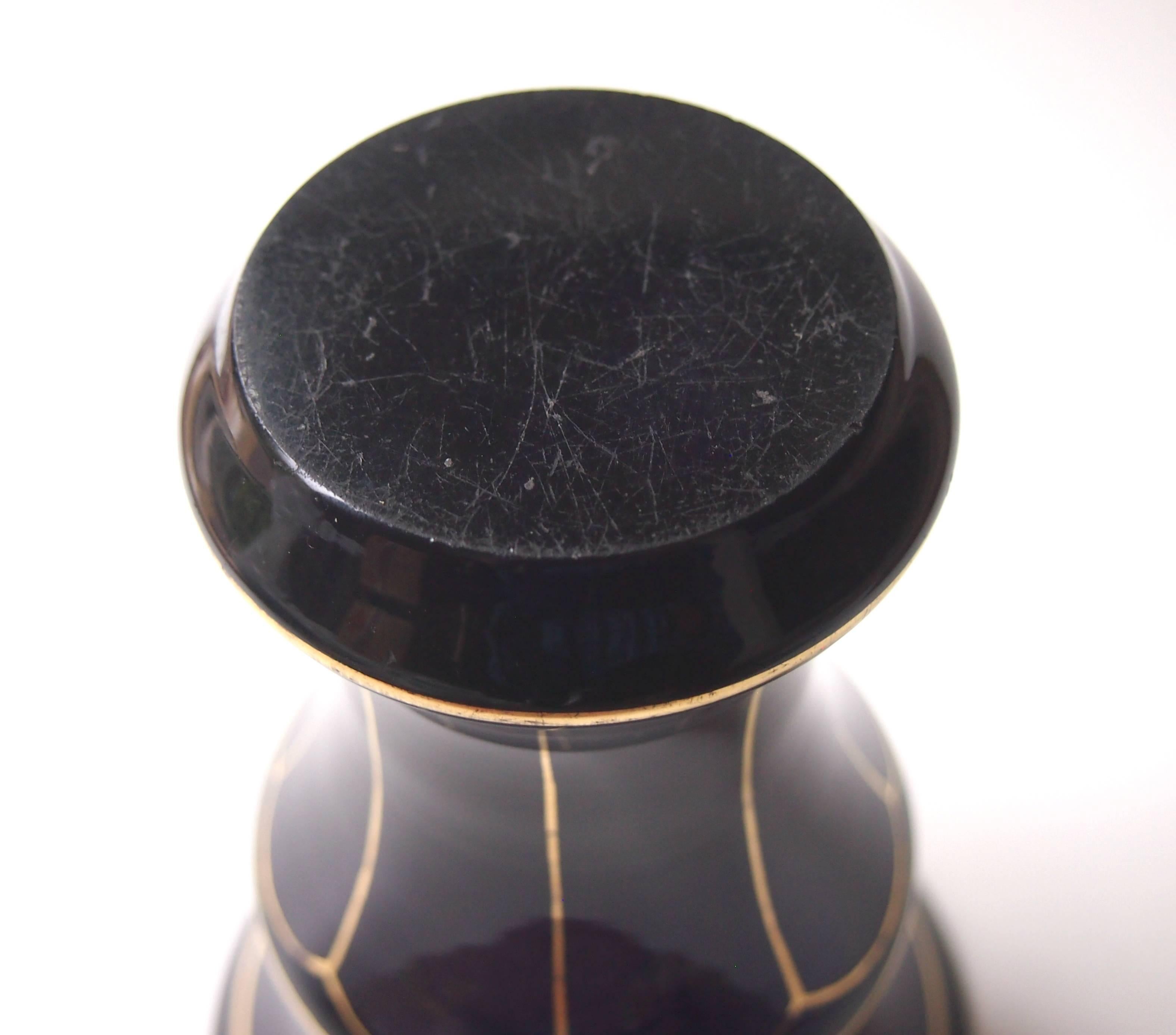 Bohemian Art Deco Intaglio Carved and Enameled Purple Haida Peacock Glass Vase For Sale 1