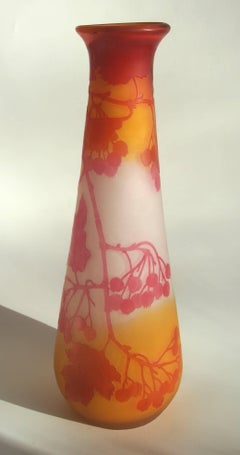 French Art Nouveau Red/Orange Emile Galle Cameo Glass Vase with Foliage/Berries