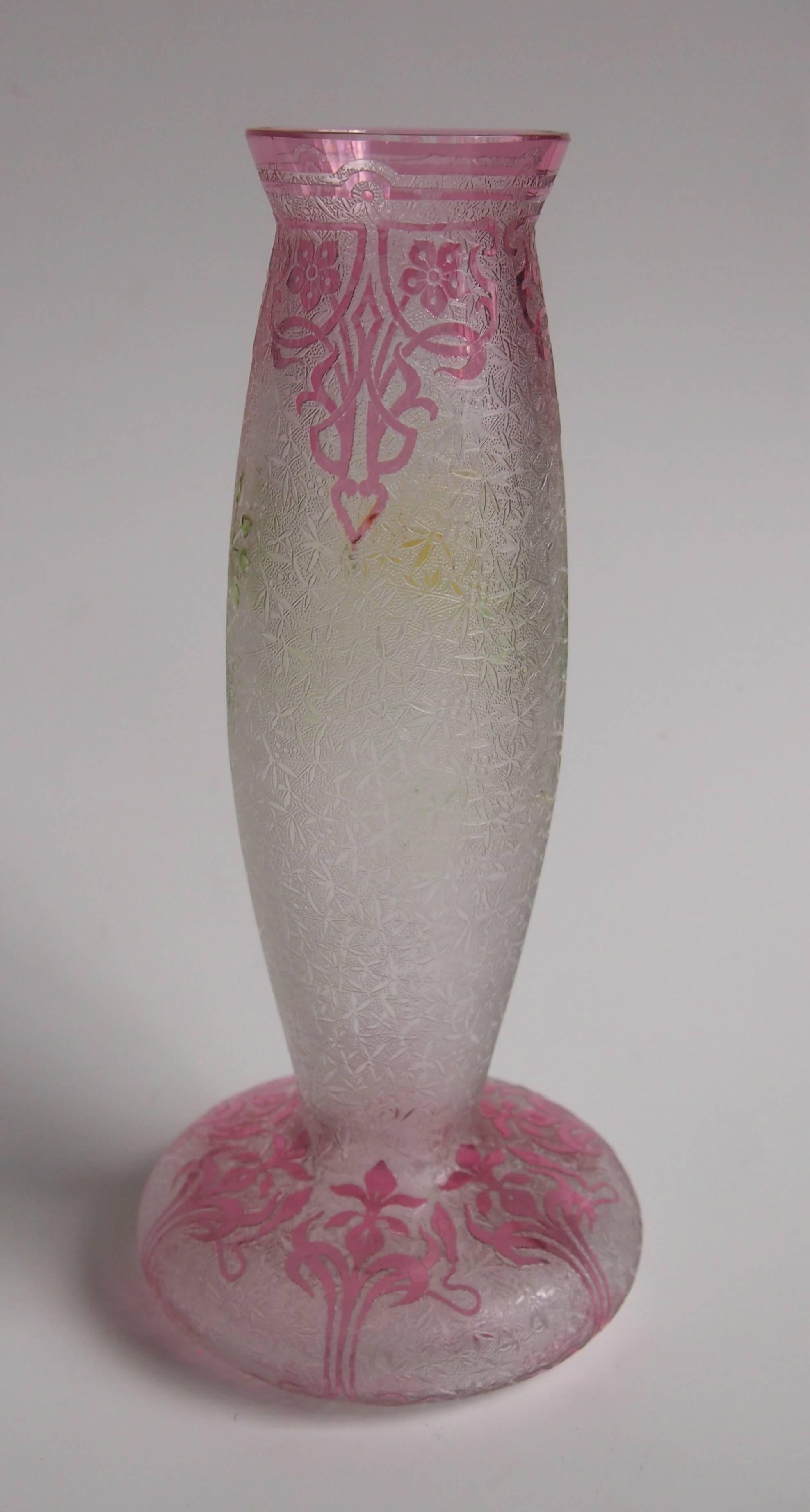 French Art Nouveau Baccarat Crystal Cameo and Enamel Vase