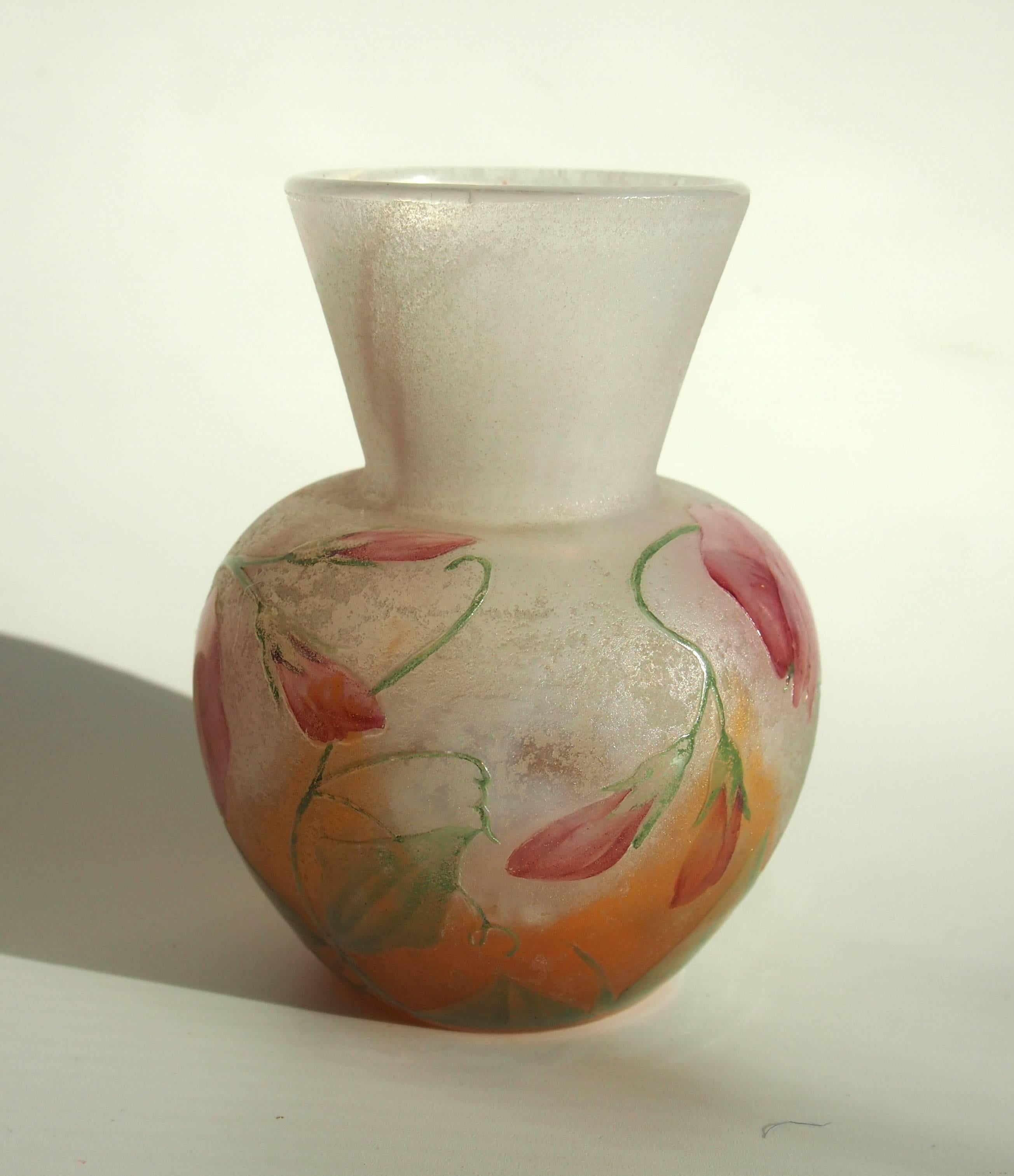 Cute small Daum enamel and cameo sweet pea vase, in orange and white glass enameled with pink and green sweet peas, signed in cameo (just visible picture 5 'Daum Nancy' in a triangle like shape) -also initialed B.S. to the base in green for the