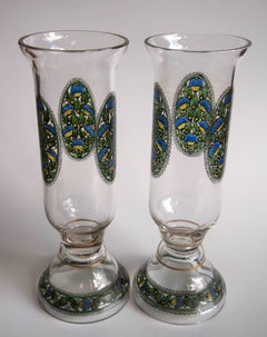Bohemian Art Deco Pair of Fachschule Haida Enamel Glass Vases circa 1915