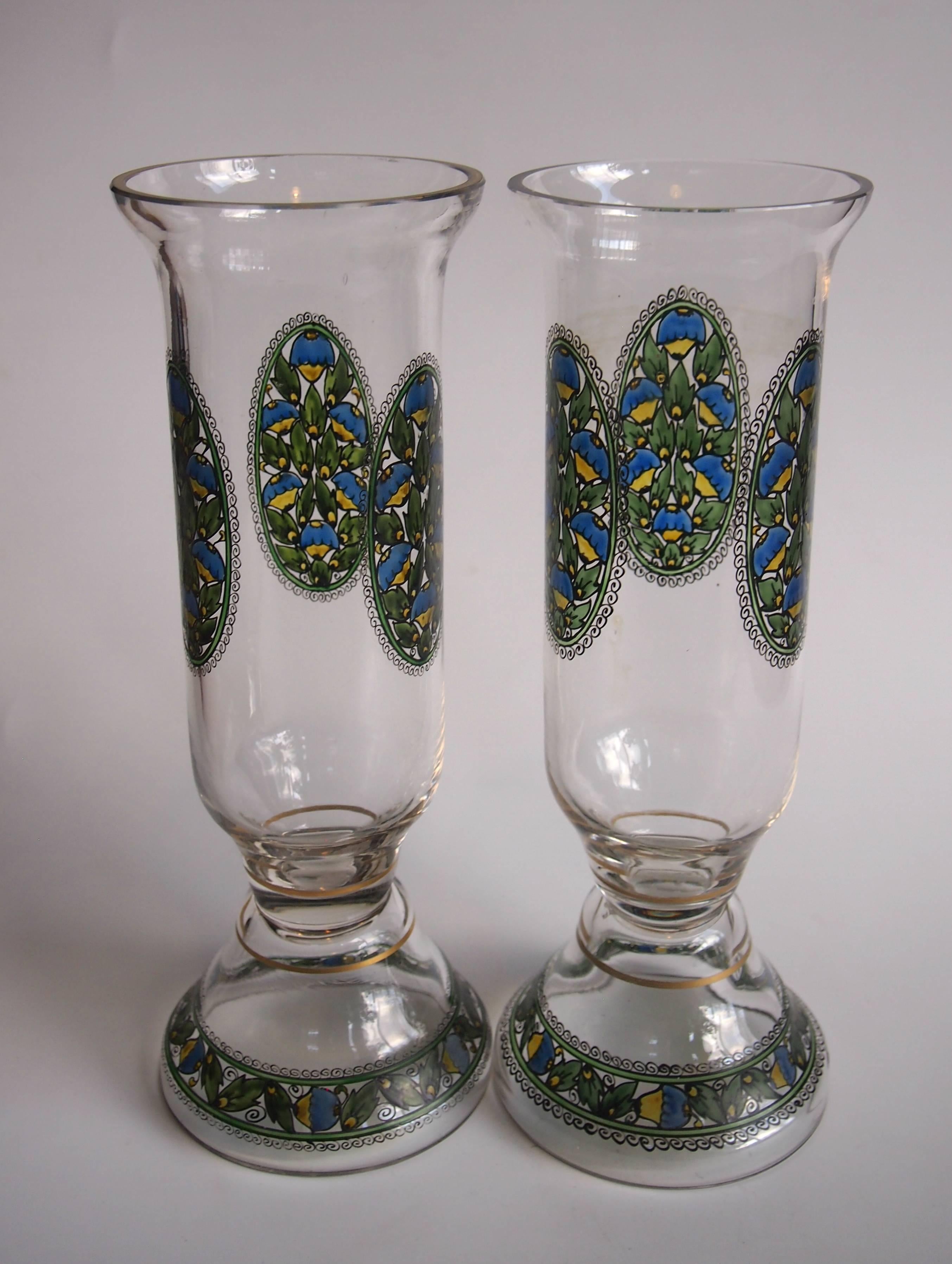Czech Bohemian Art Deco Pair of Fachschule Haida Enamel Glass Vases circa 1915 For Sale