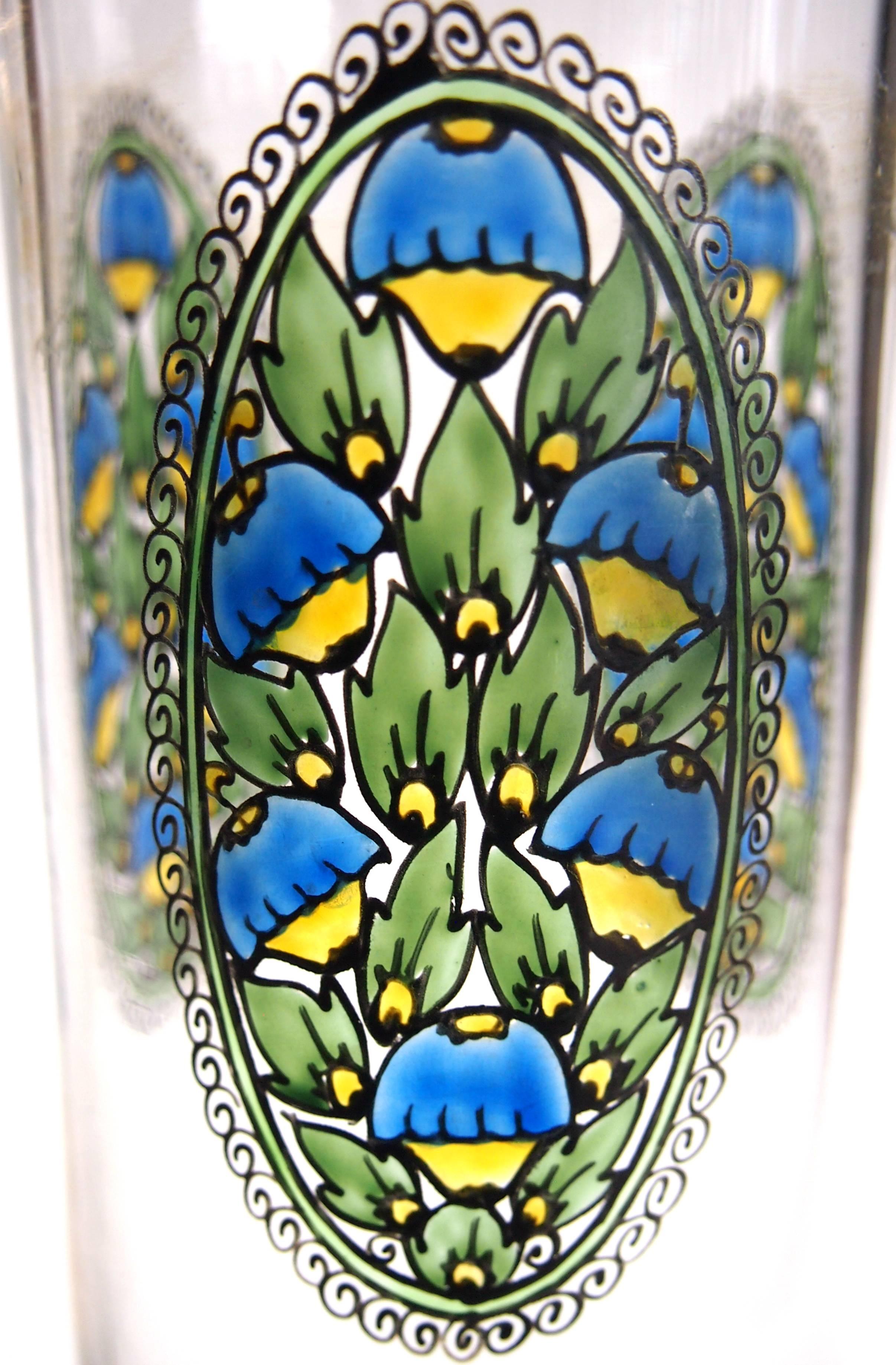 Early 20th Century Bohemian Art Deco Pair of Fachschule Haida Enamel Glass Vases circa 1915 For Sale