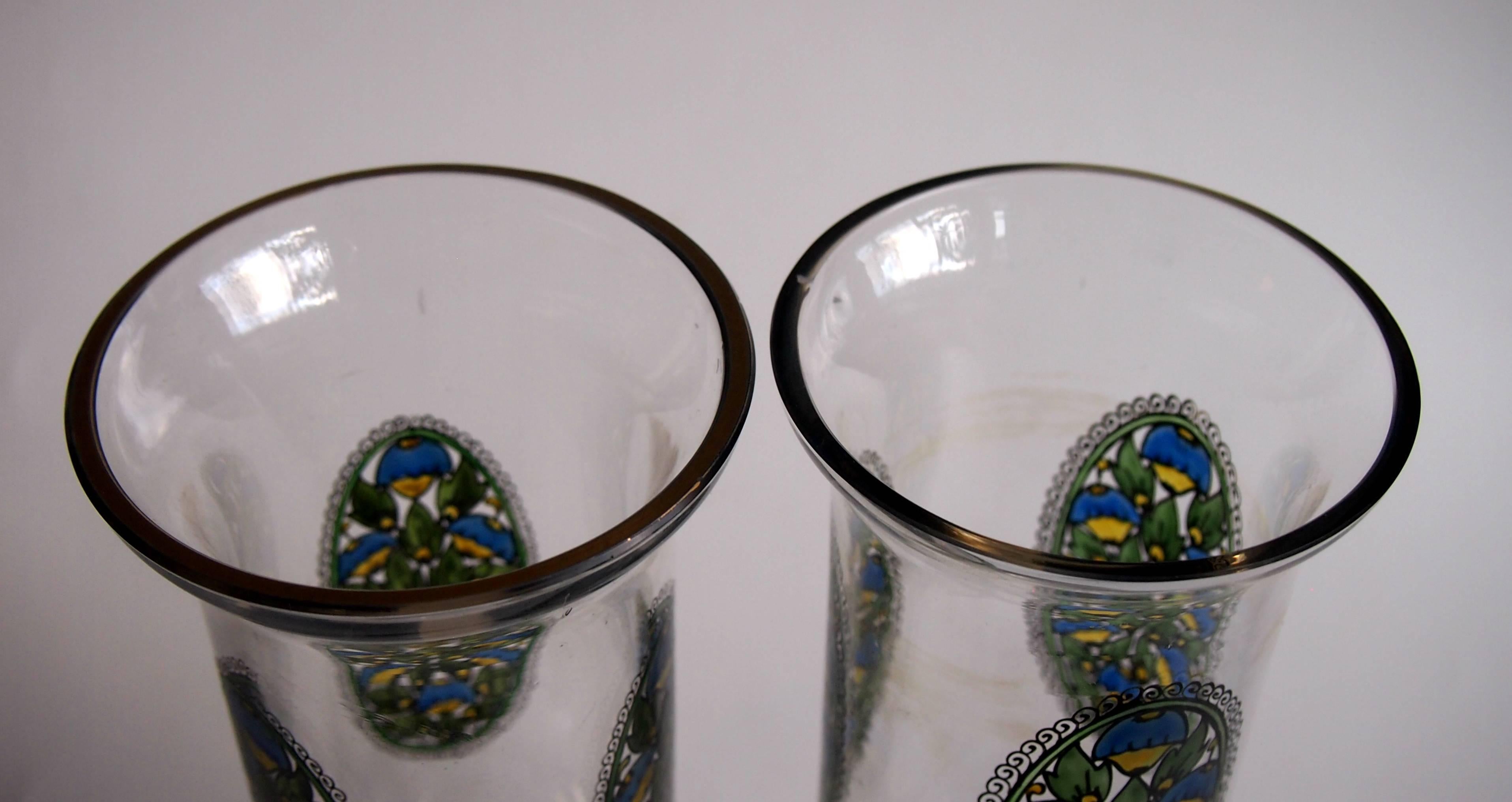 Art Glass Bohemian Art Deco Pair of Fachschule Haida Enamel Glass Vases circa 1915 For Sale