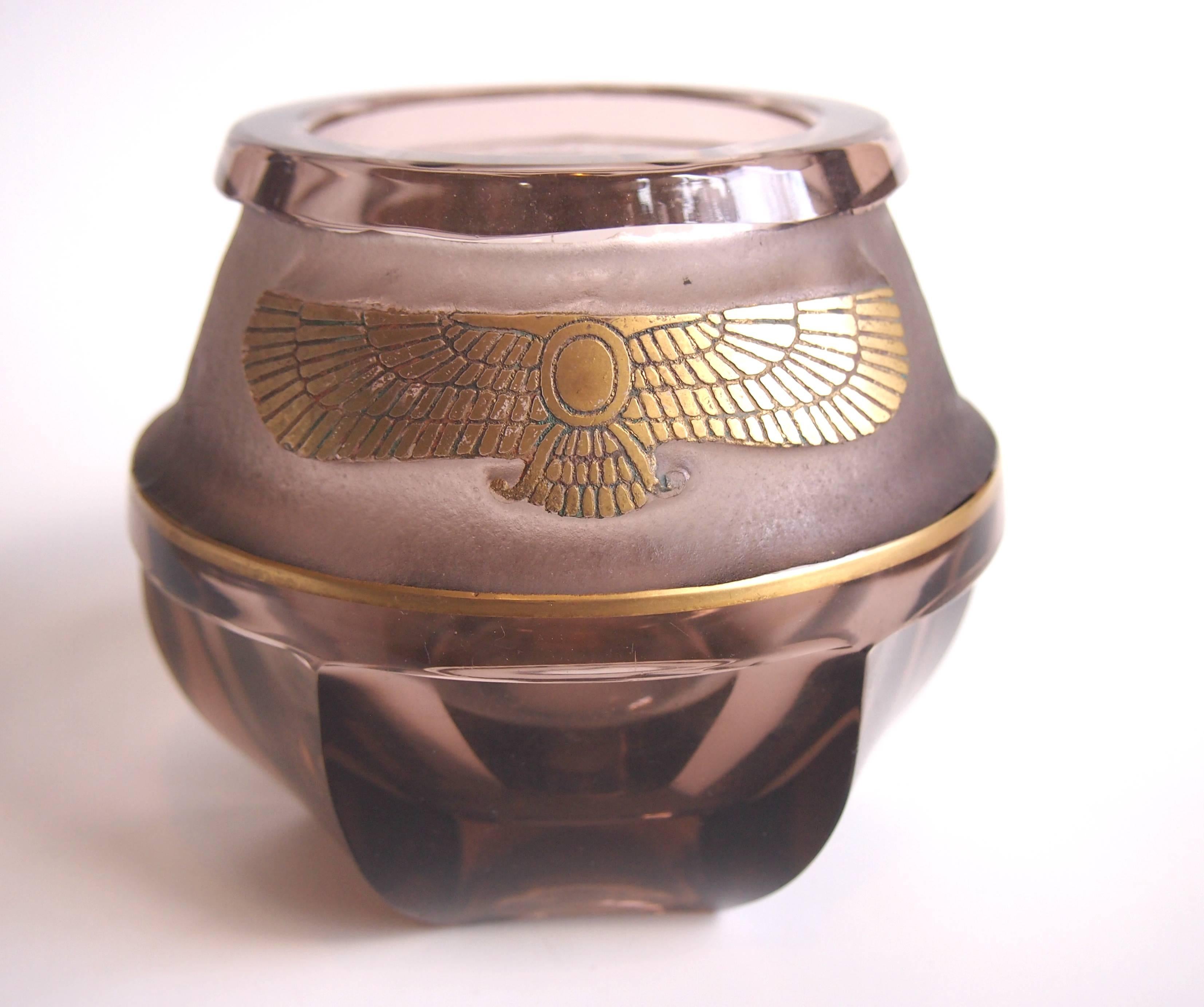 Czech Egyptian Revival Moser Deep Acid Etched Glass Vase 1937 In Good Condition In London, GB
