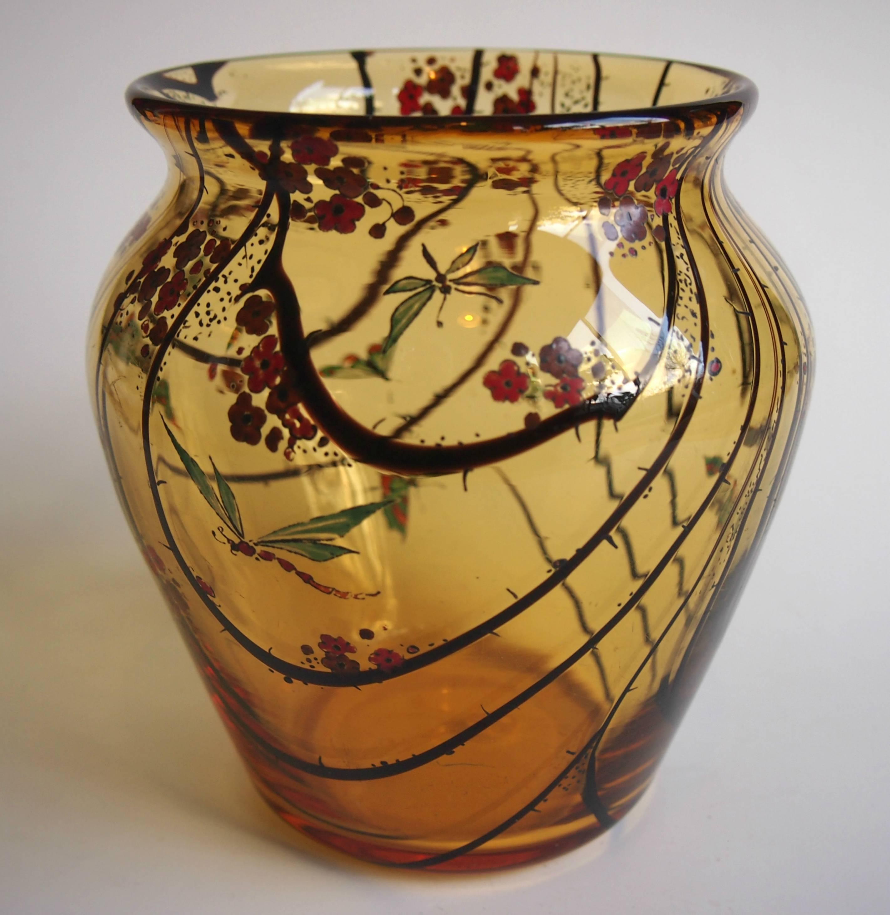 English Art Deco Stuart Amber/Frond Enamelled Glass Vase w/Butterflies and Dragonflies