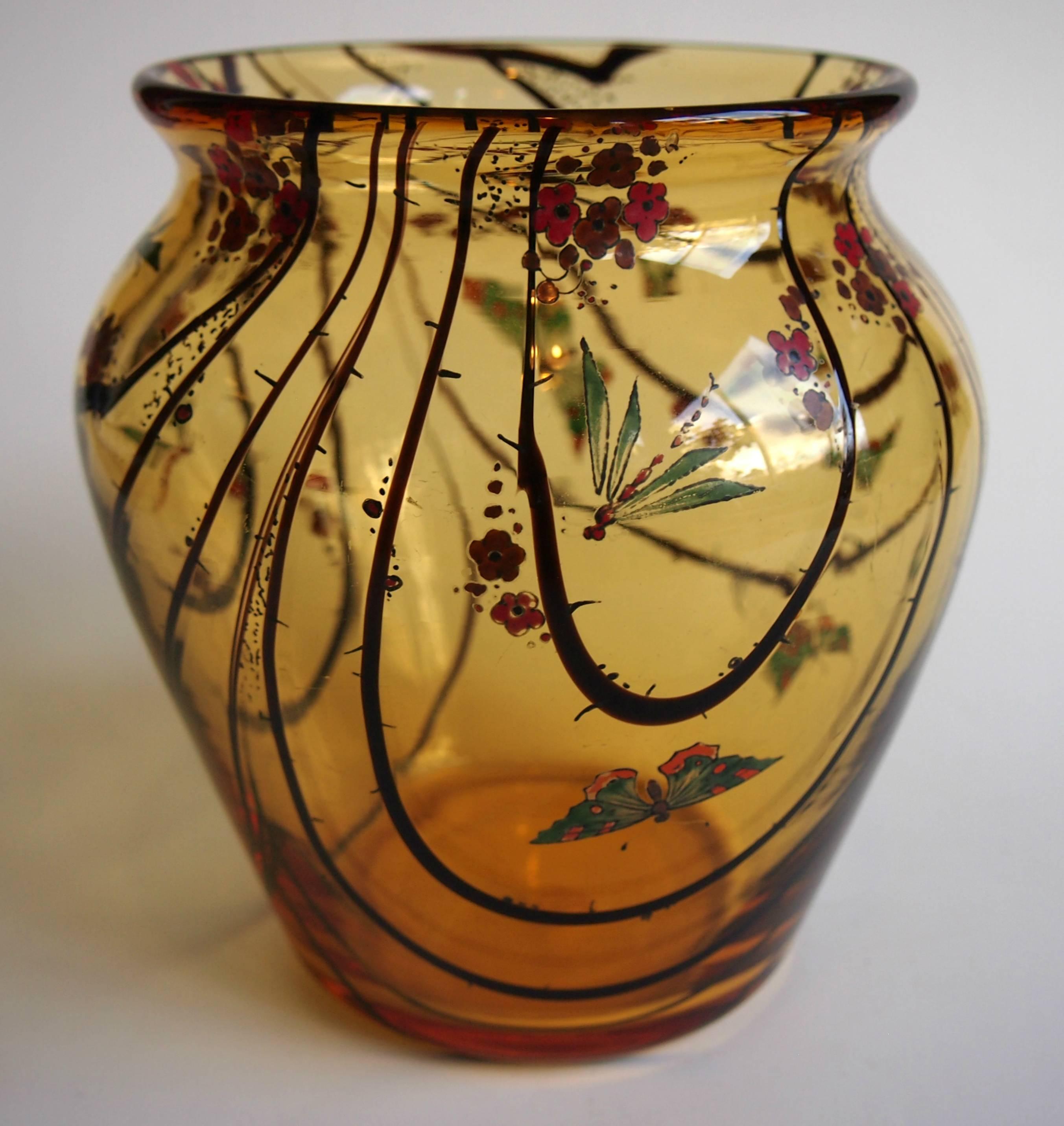 Art Deco Stuart Amber/Frond Enamelled Glass Vase w/Butterflies and Dragonflies In Good Condition In London, GB