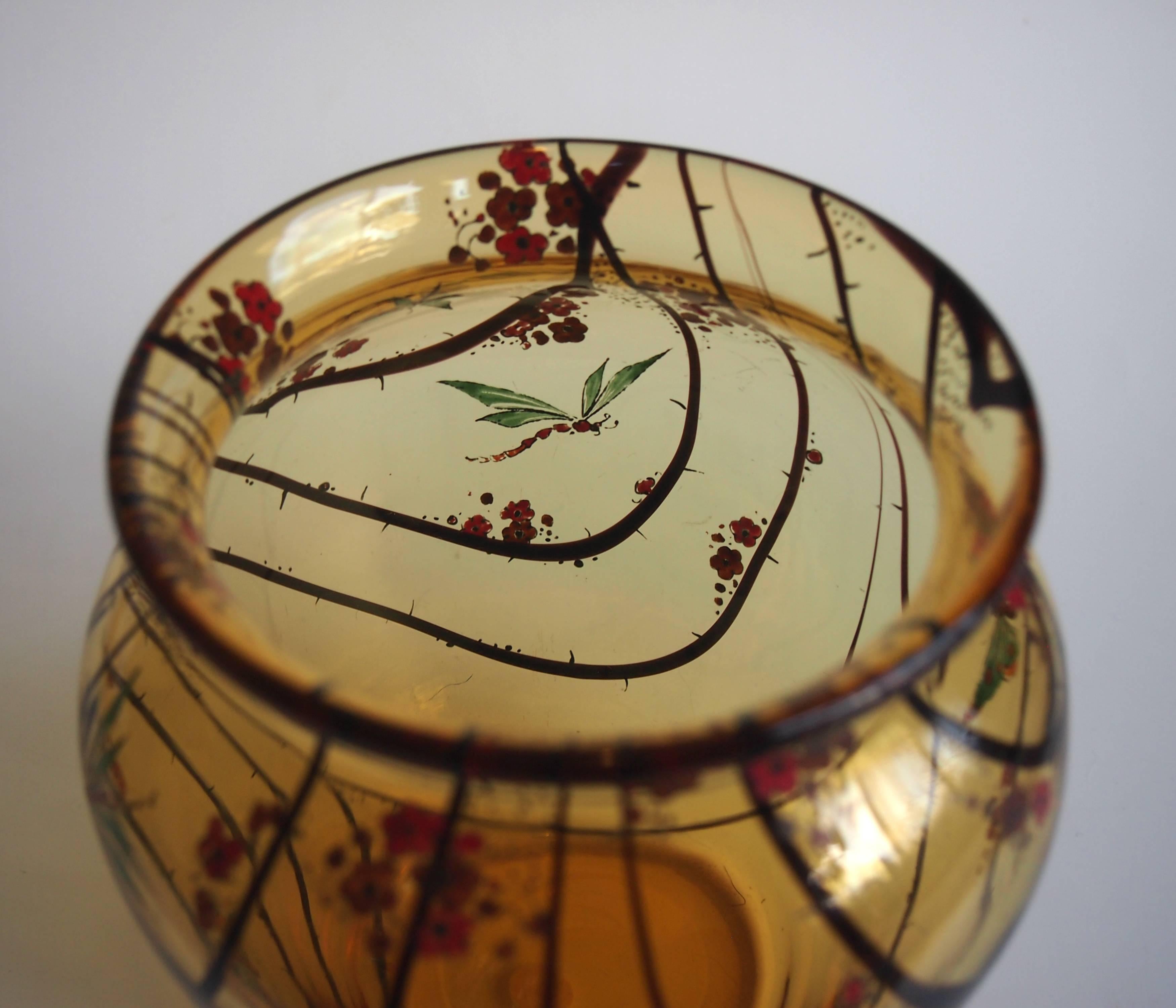 Mid-20th Century Art Deco Stuart Amber/Frond Enamelled Glass Vase w/Butterflies and Dragonflies