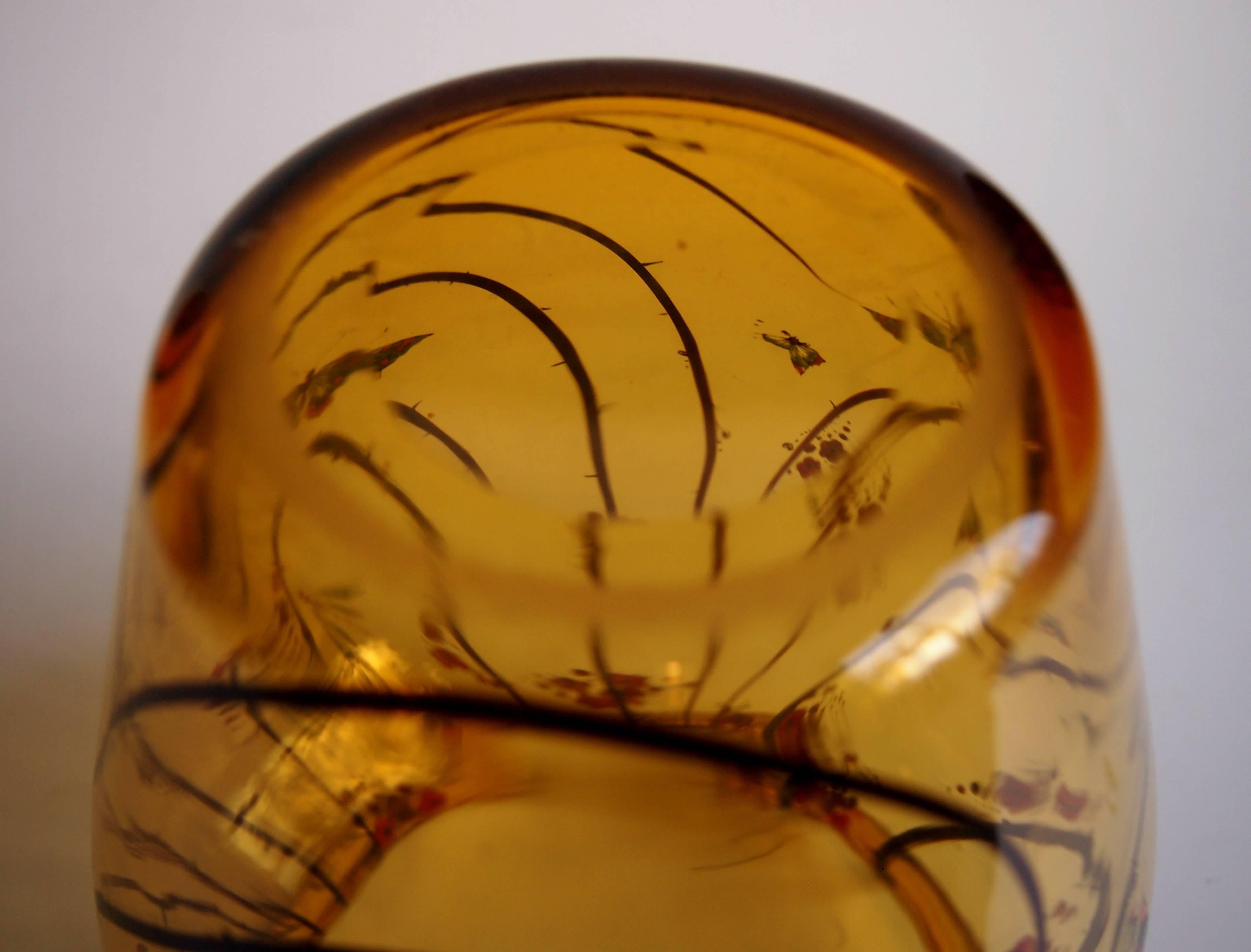 Art Deco Stuart Amber/Frond Enamelled Glass Vase w/Butterflies and Dragonflies 1
