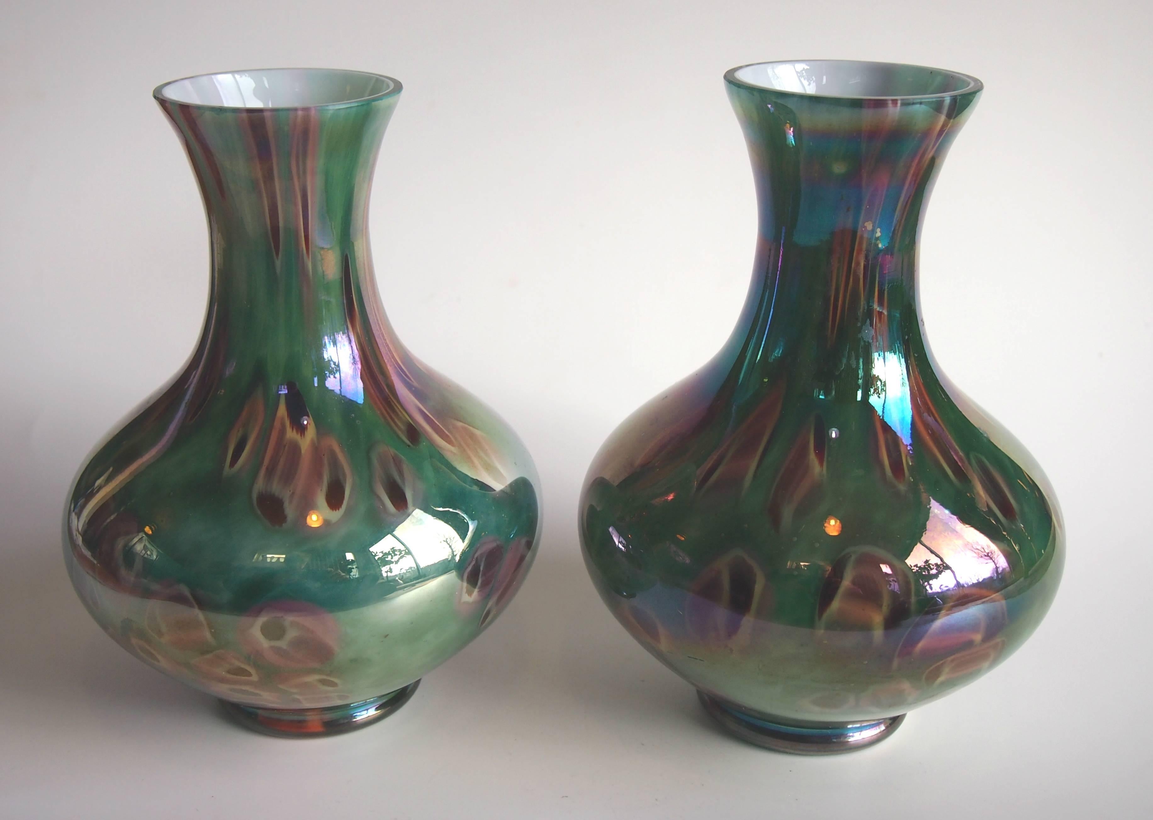 Early 20th Century Czech Pair of Art Deco Kralik Cased 'Paperweight' Glass Vases circa 1925 For Sale