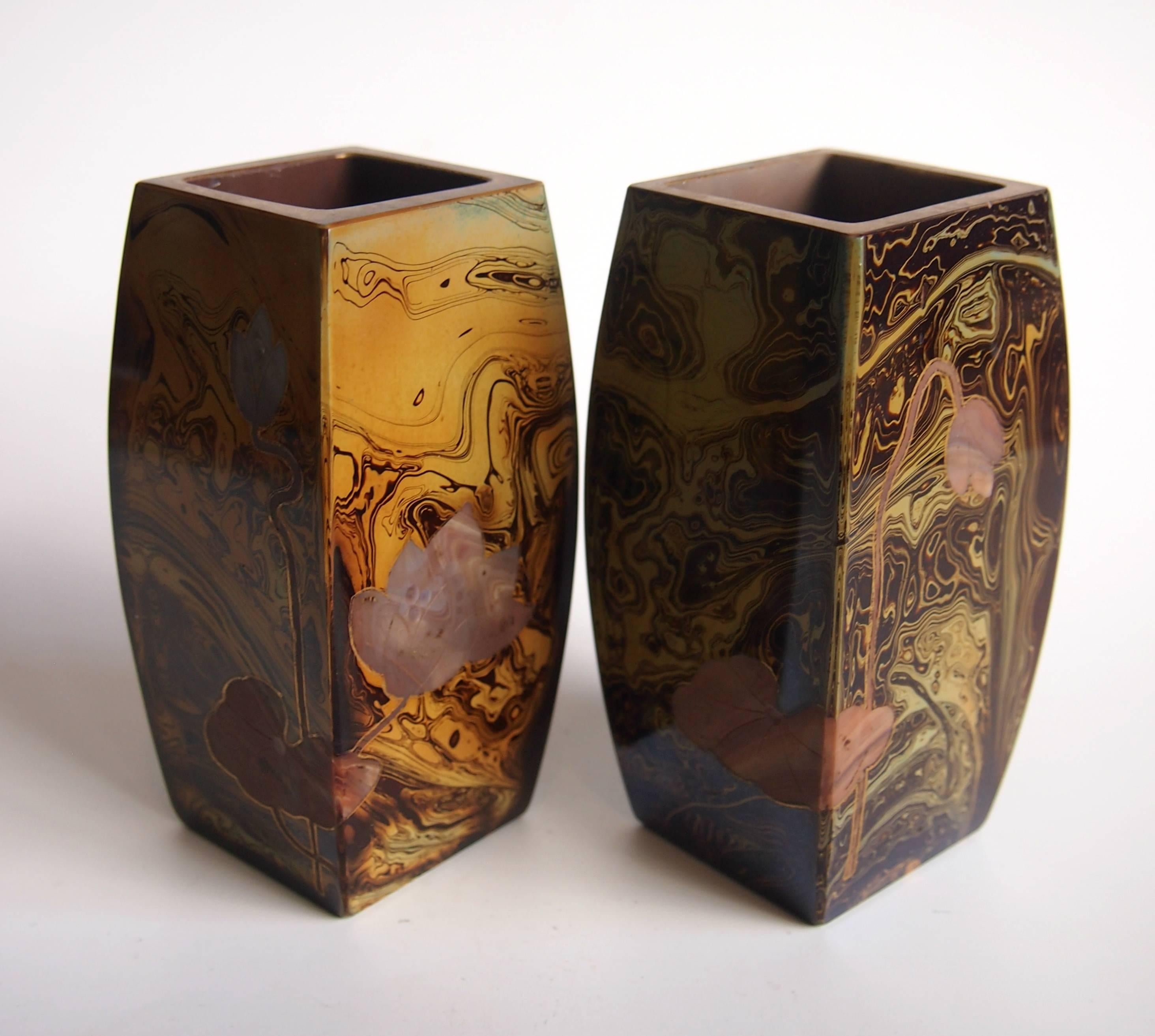 Late 19th Century Pair of Art Nouveau Riedel Lithyalin Barrel Vases