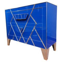 Italian Art Deco Blue Crystal Italian Commode, Chest of Drawers